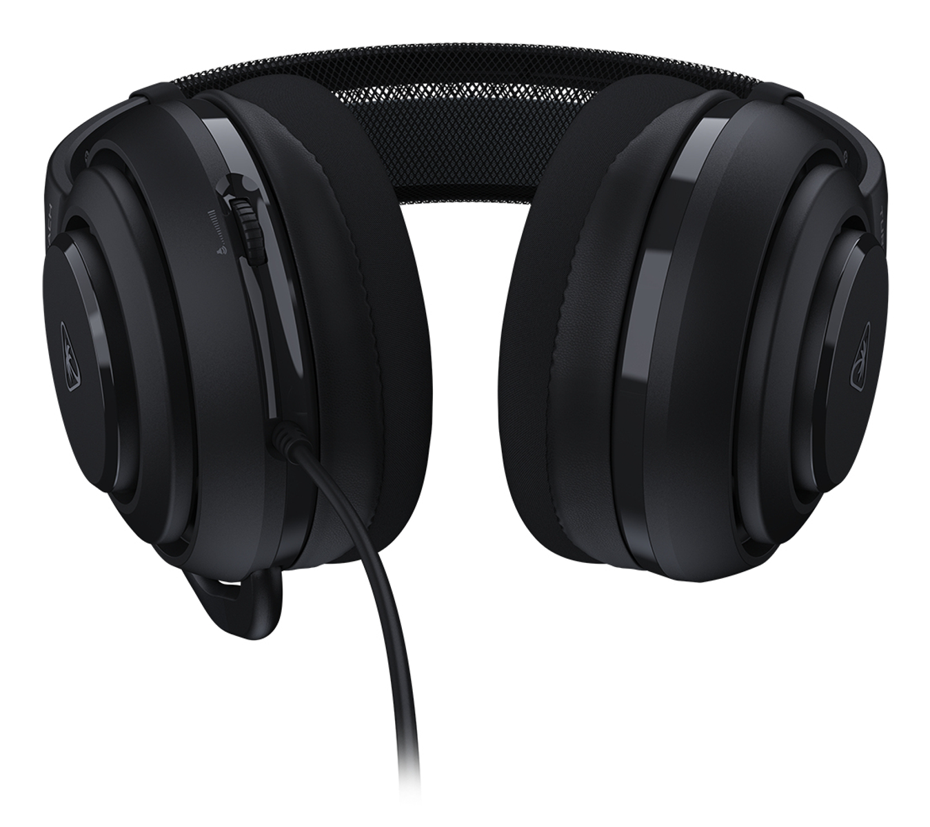 Schwarzes Gaming-Headset auf weißem Hintergrund. Das Headset hat große Ohrmuscheln, ein Stirnband und eine Lautstärkeregelung.