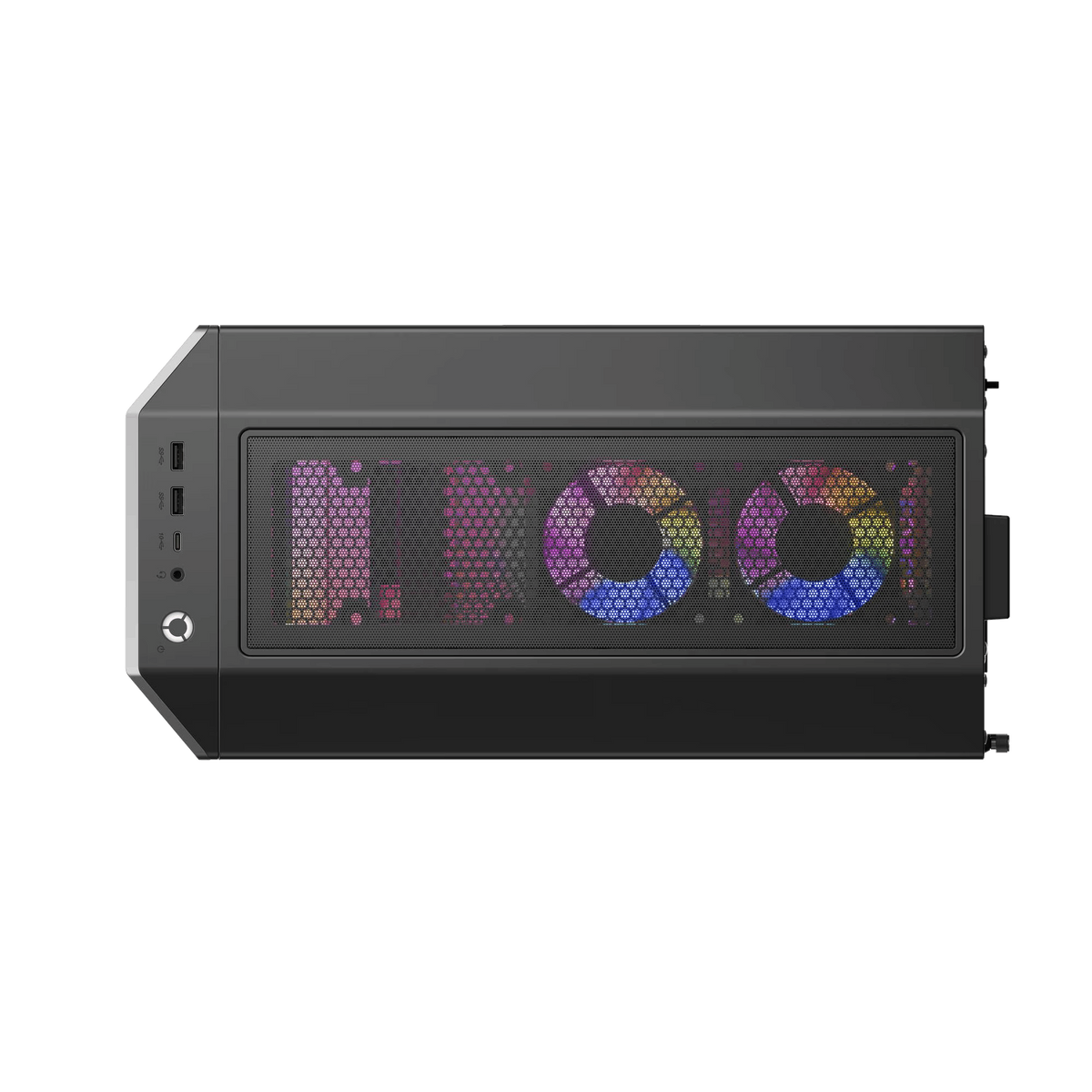 Un case per computer nero con ventole a LED colorate visibili attraverso un pannello frontale a rete. Include pulsante di accensione, porte USB e jack audio.