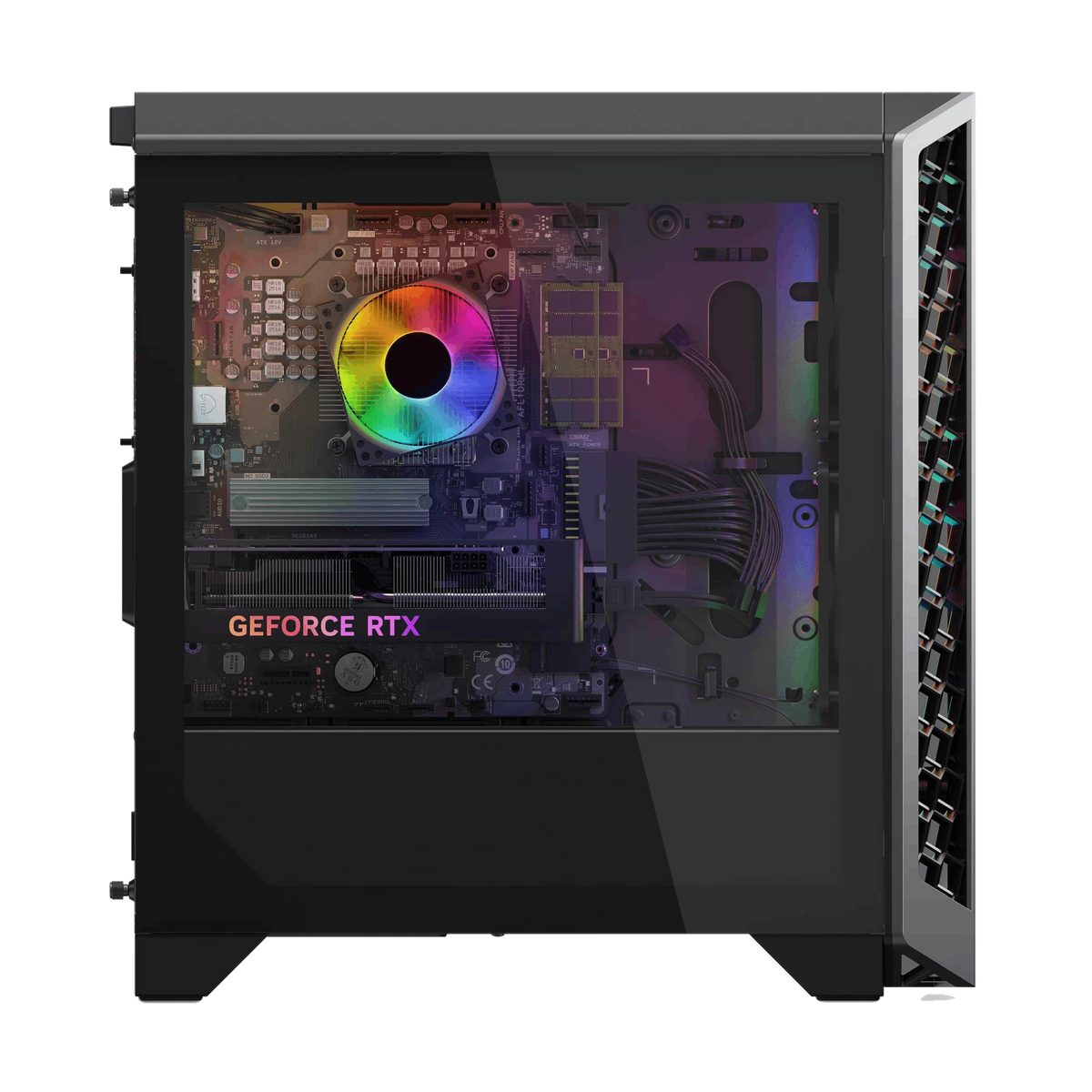 Un case trasparente per computer mostra i componenti interni: una scheda madre, una GPU e un dissipatore CPU con illuminazione arcobaleno. È visibile una scheda GeForce RTX.