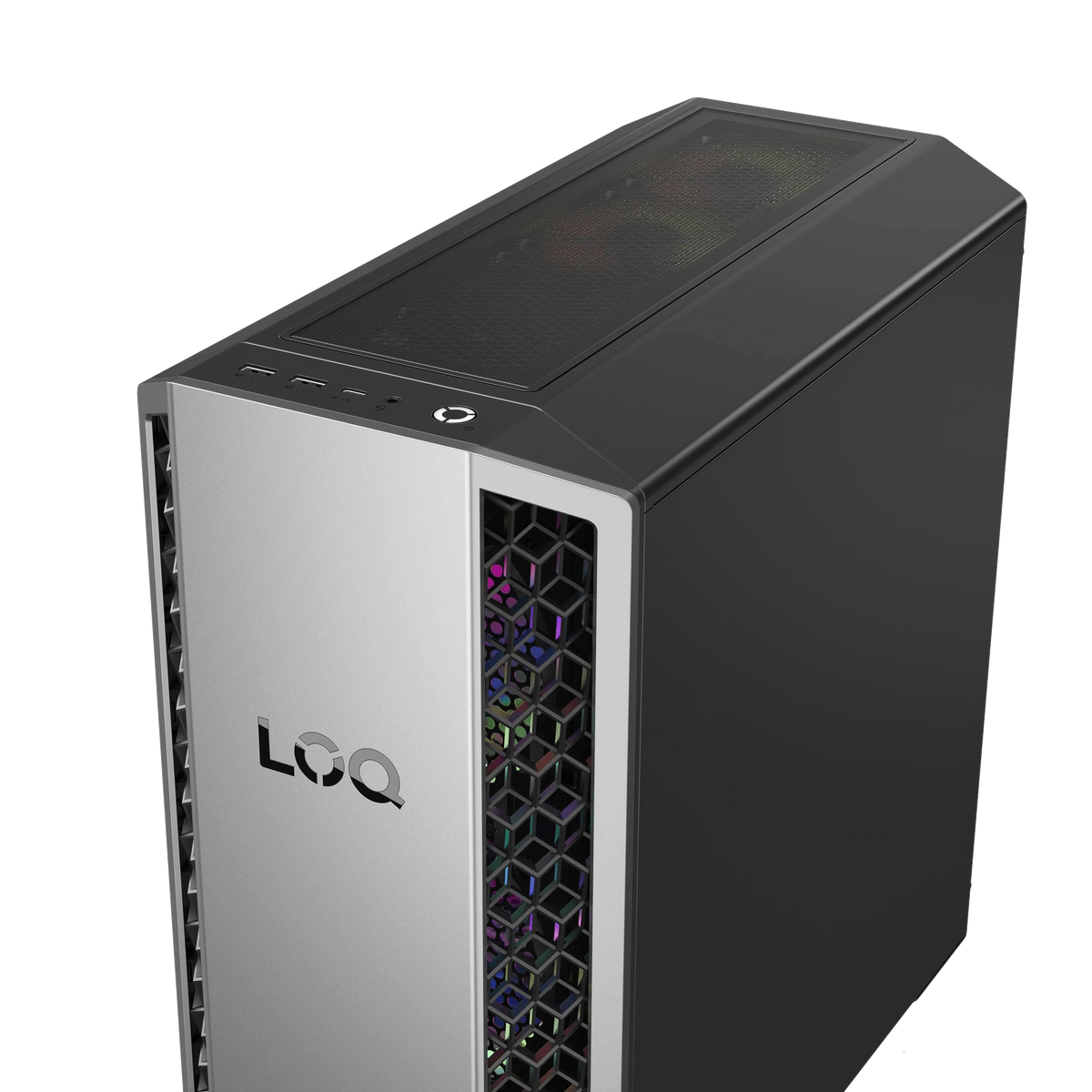 Un case per computer argento e nero. La parte anteriore presenta il logo 'LOQ' e un design a nido d'ape. La parte superiore è nera, con una rete.