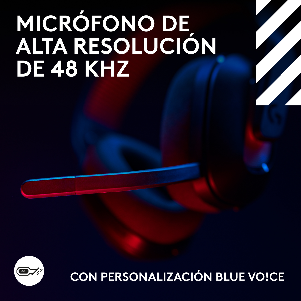 Cuffie con microfono, illuminazione blu e rossa. Testo: Microfono ad alta risoluzione da 48 kHz. Personalizzazione Blue VO!CE.