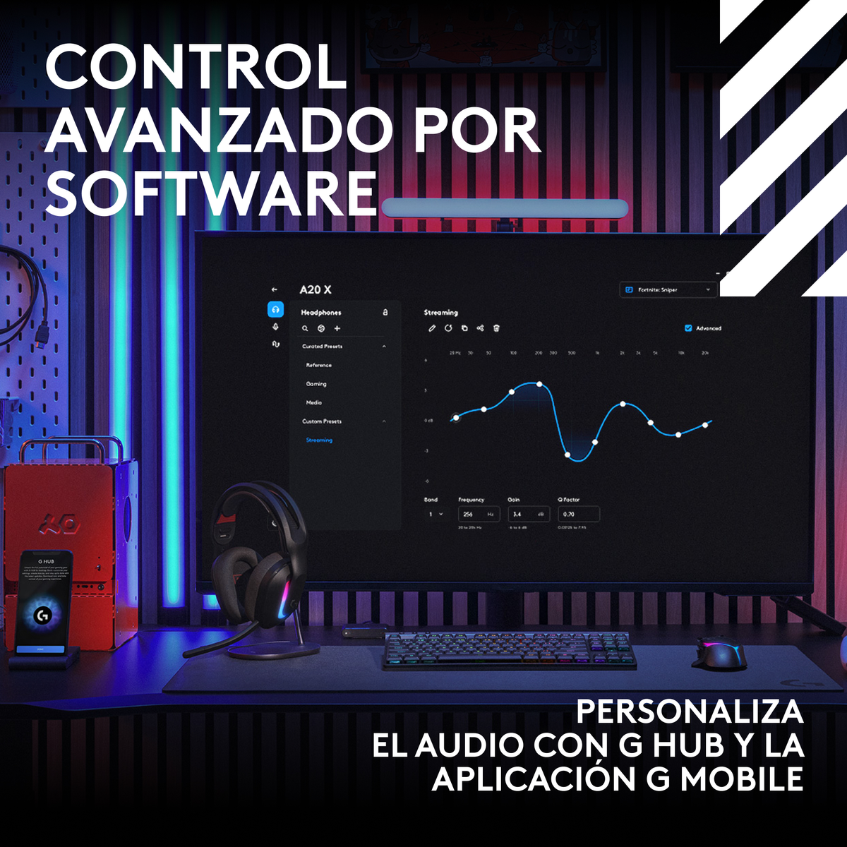 Un'impostazione di gioco con monitor che mostra le impostazioni audio, cuffie, tastiera e telefono con app G Hub.