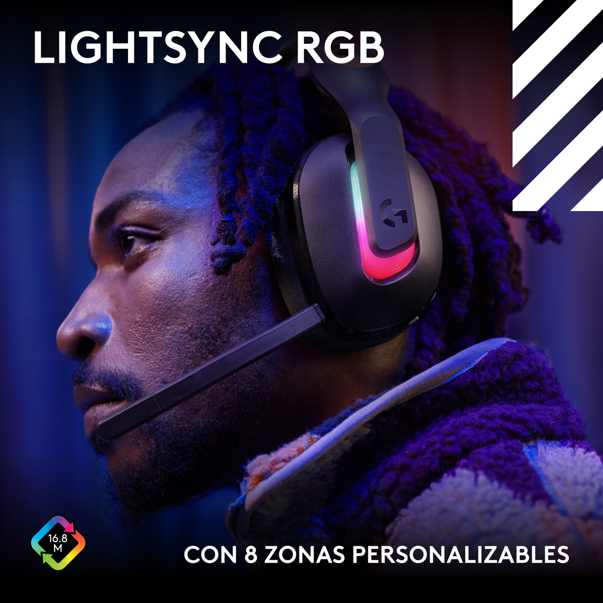 Una persona indossa una cuffia nera con luci colorate. Il testo include 'LIGHTSYNC RGB' e 'CON 8 ZONAS PERSONALIZABLES'.
