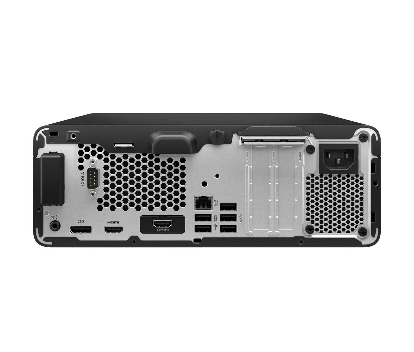 Vista posteriore di un computer desktop nero, che mostra porte e connettori su sfondo bianco. Dispone di HDMI, USB e ingresso di alimentazione.