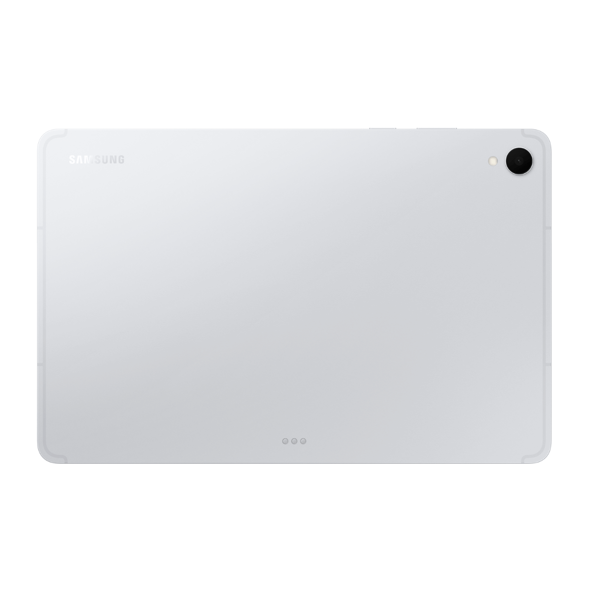 Biały tablet z logo Samsung. Posiada obiektyw aparatu i trzy małe kropki na dole.