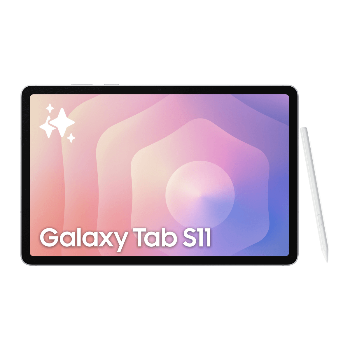 Tablet z logo Galaxy Tab S11. Ekran wyświetla gradient różu, bieli i fioletu. Biały rysik spoczywa obok.