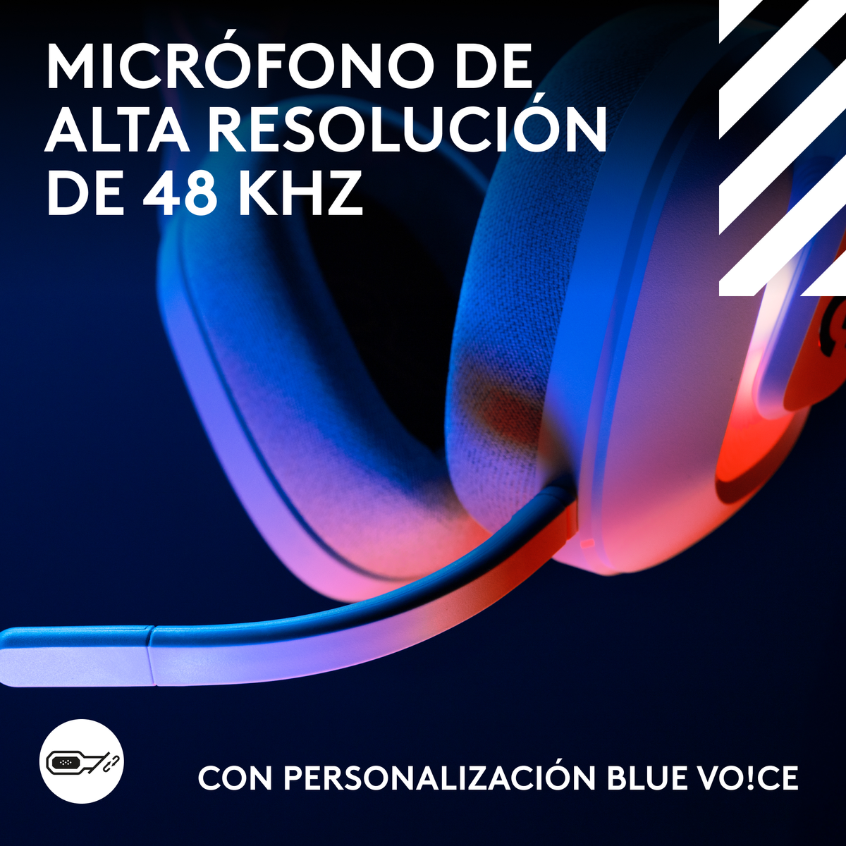 Cuffie con microfono, sfumatura blu e rossa. Testo: Microfono ad alta risoluzione, 48 kHz. Testo: Personalizzazione Blue Vo!ce.