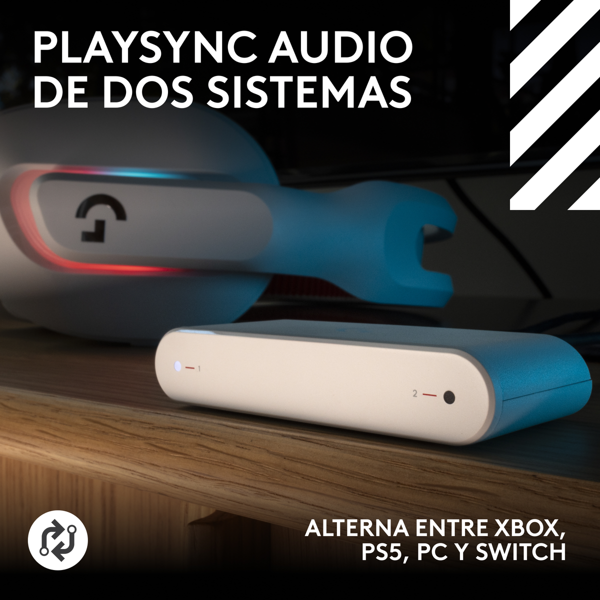 Un dispositivo bianco e blu con testo 'PLAYSYNC AUDIO', 'ALTERNA ENTRE XBOX'. Presenta un'auricolare e un dispositivo switch su una superficie in legno.
