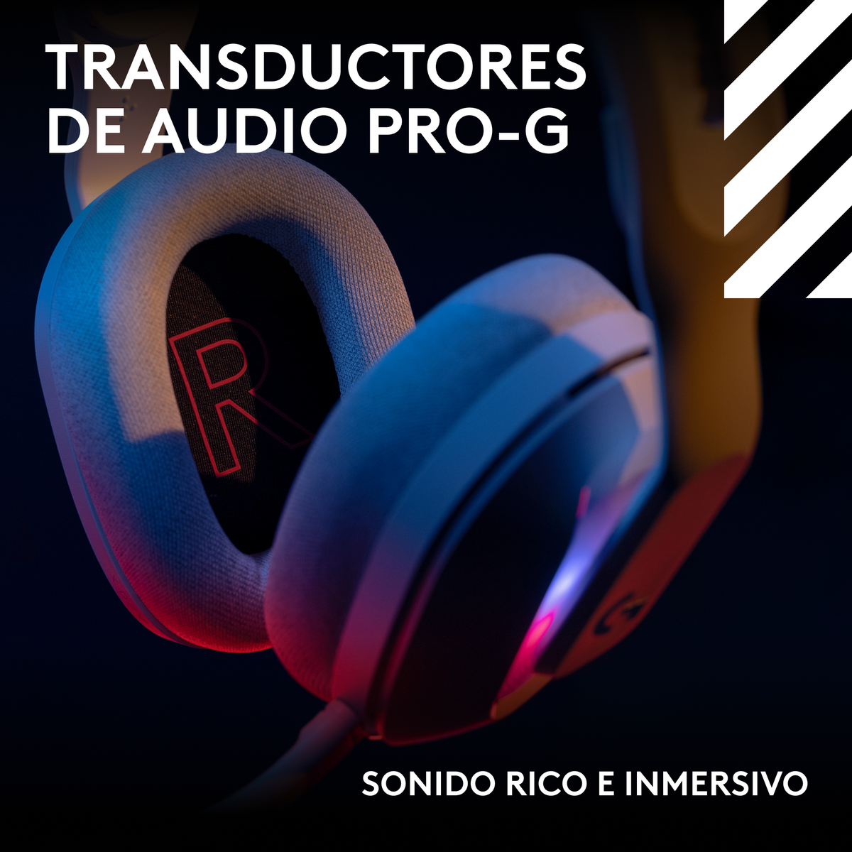 Cuffie con la lettera 'R' sul padiglione, il testo recita 'TRANSDUCTORES DE AUDIO PRO-G' e 'SONIDO RICO E INMERSIVO'.