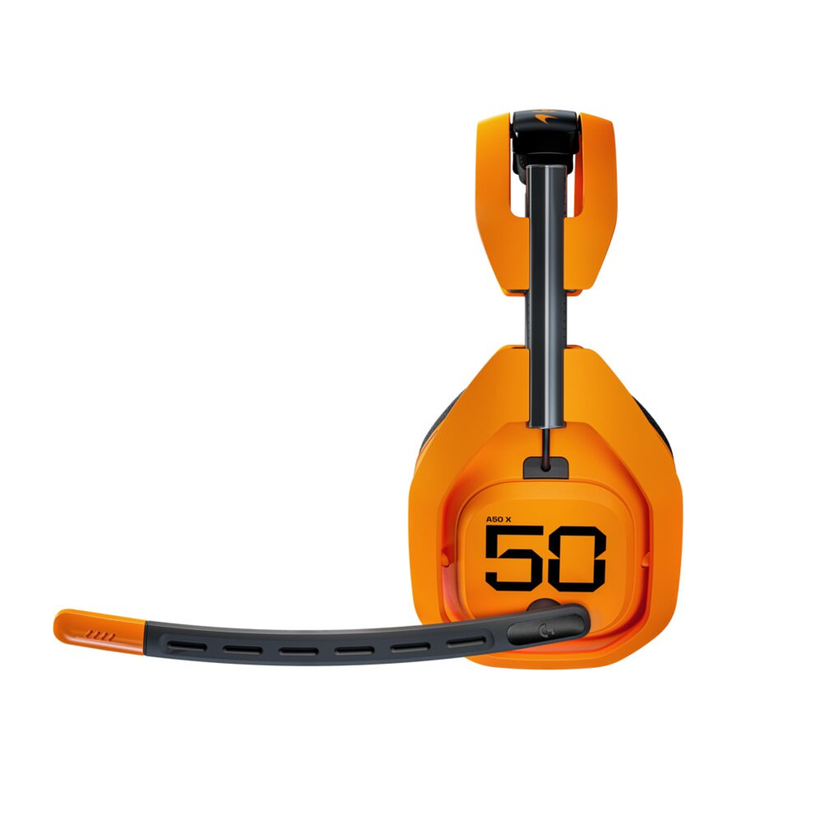 Pomarańczowy i czarny zestaw słuchawkowy do gier Astro A50. Zestaw słuchawkowy posiada mikrofon i wyświetla numer 50.