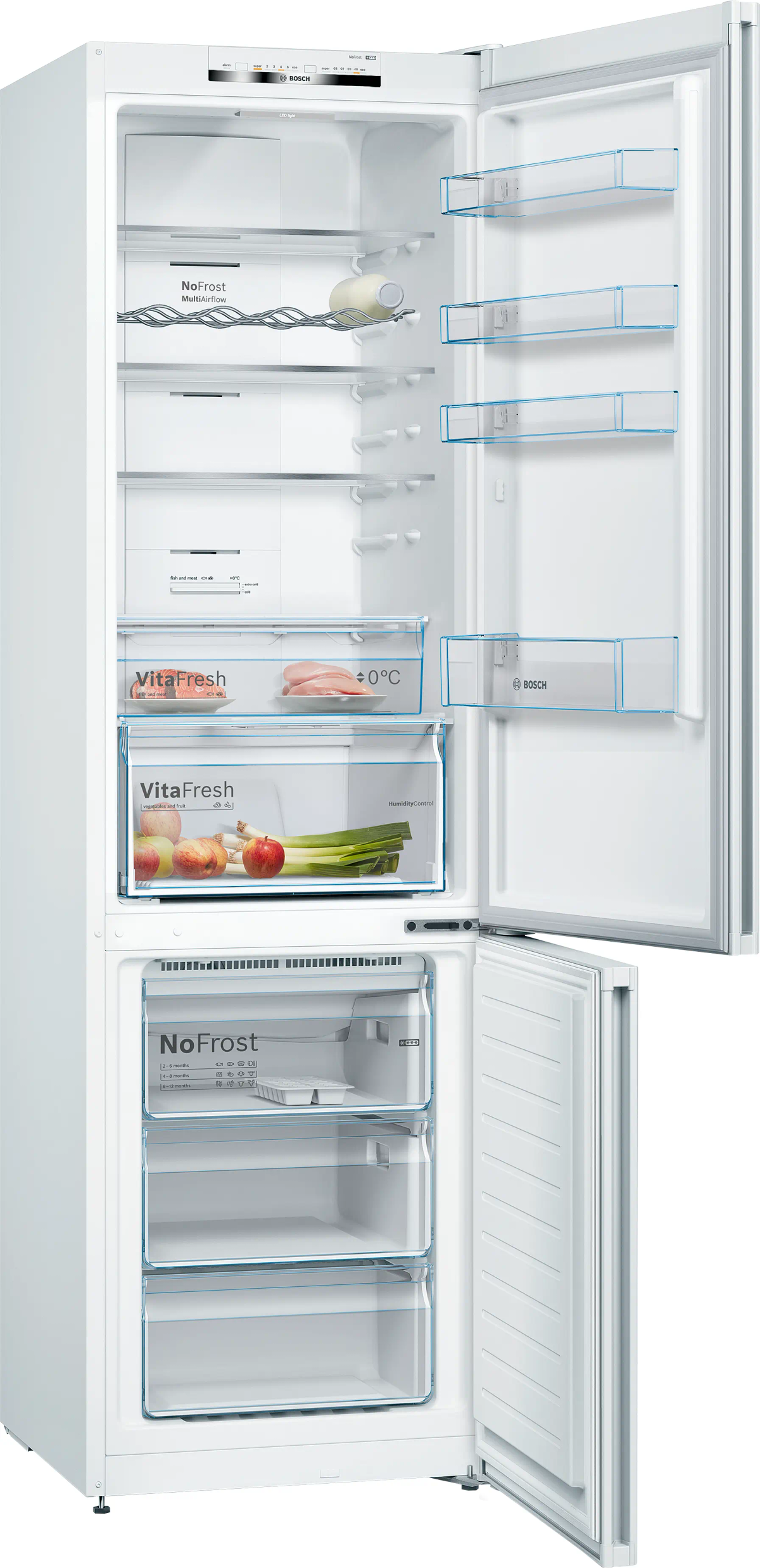 Un frigorifero Bosch bianco con la porta aperta. All'interno ci sono ripiani, cassetti e alimenti come mele, verdure e carne.