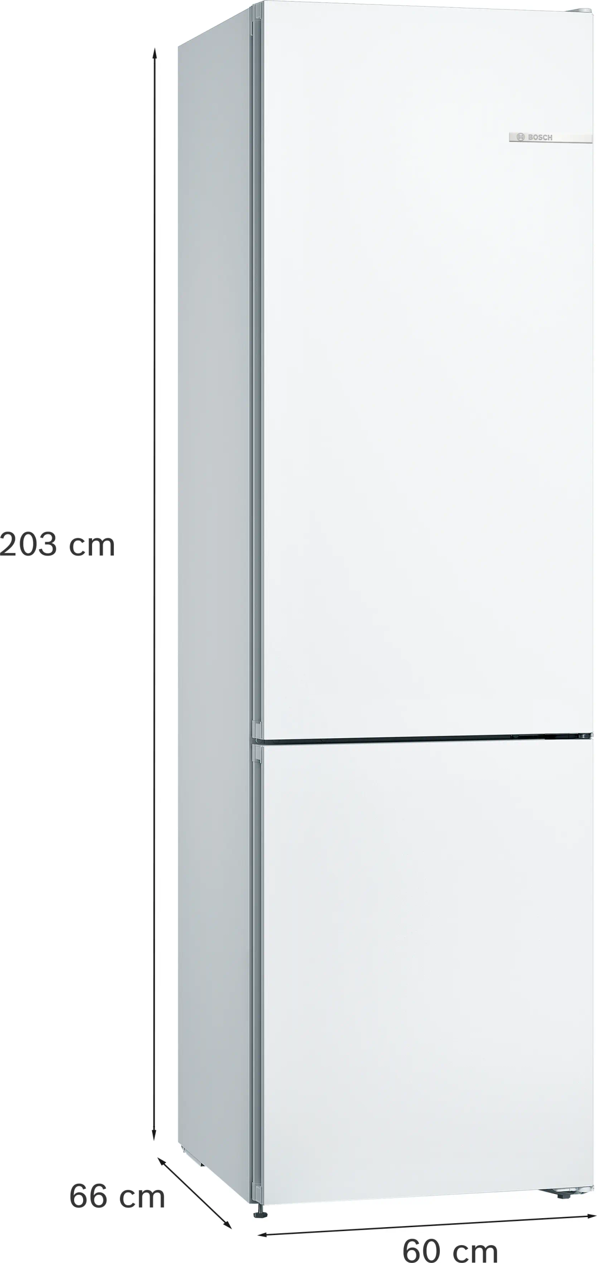 Un frigorifero Bosch bianco. Ha due porte, le misure sono 203 cm di altezza, 60 cm di larghezza e 66 cm di profondità. Il logo Bosch è visibile.