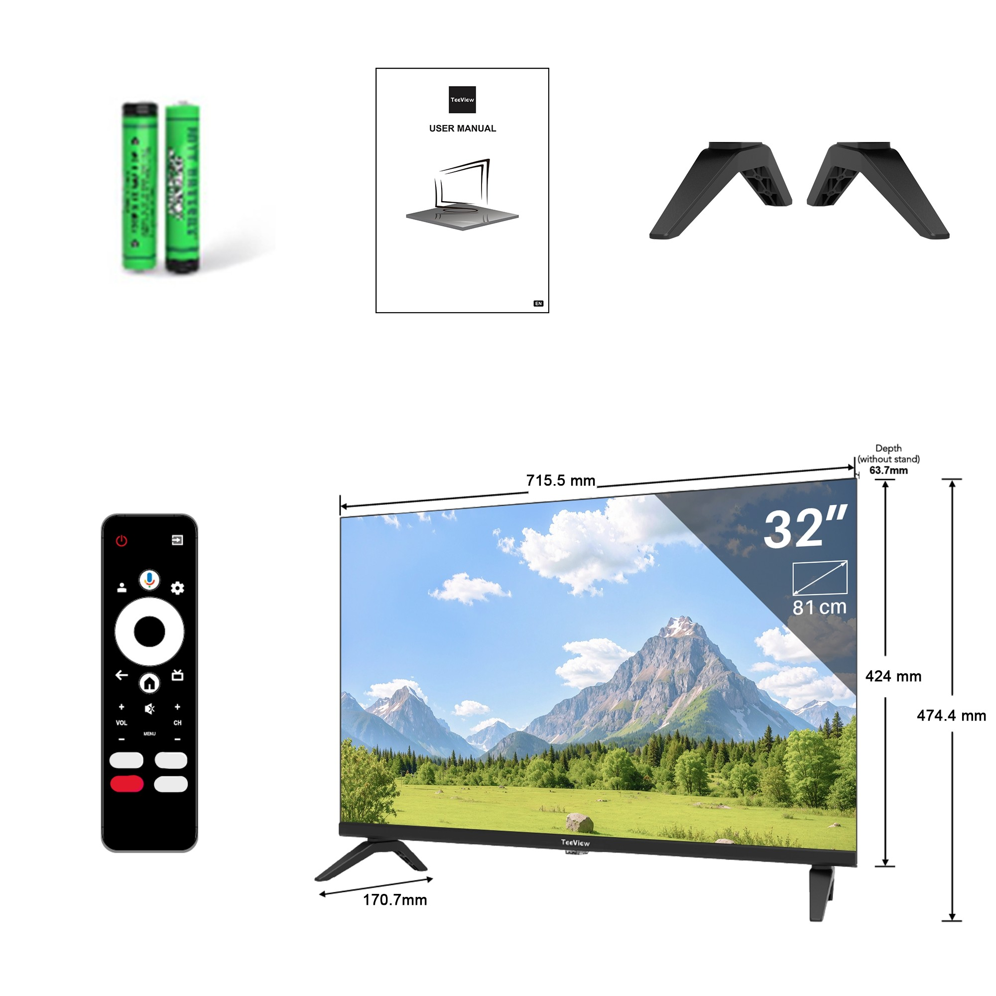 Een tv met afstandsbediening, batterijen, standaard en handleiding. TV toont bergen en lucht.