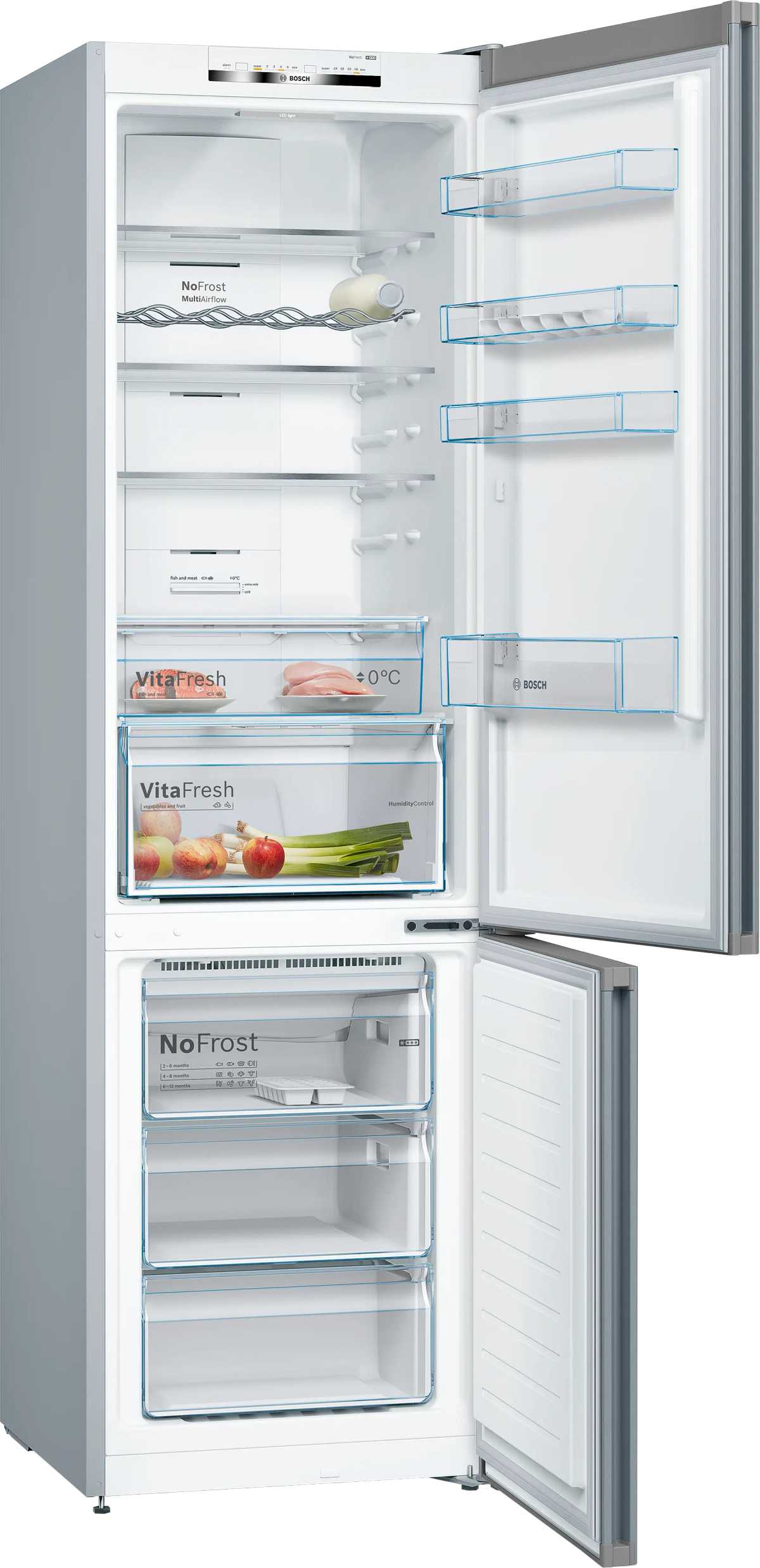 Un frigorifero Bosch bianco con la porta aperta. All'interno ci sono ripiani, cassetti con frutta e verdura e generi alimentari.