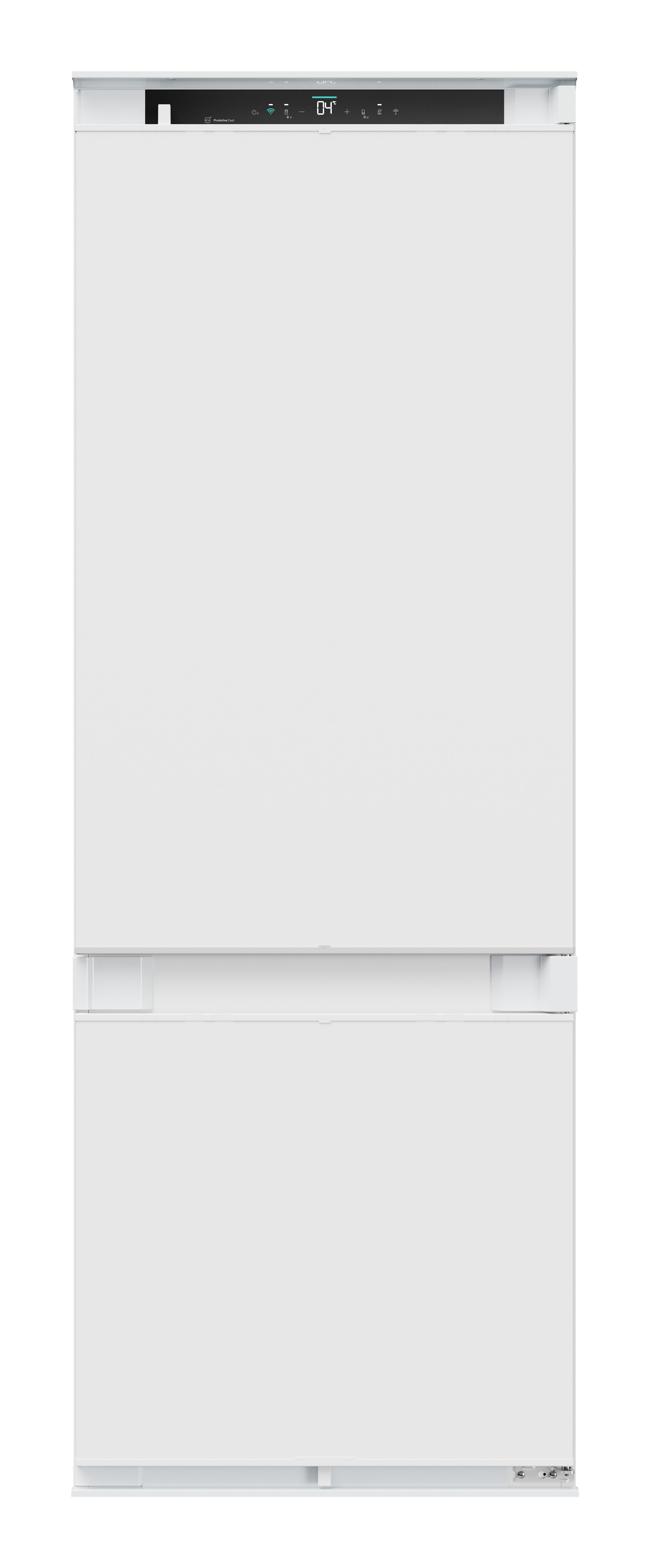 Un frigorifero bianco con display digitale che mostra 04 gradi. Ha due sezioni principali e un pannello superiore.