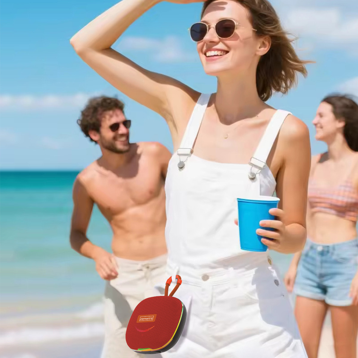 Kobieta na plaży trzyma niebieski kubek, osłania oczy. Inni z tyłu. Czerwony głośnik z przodu. Słoneczny dzień na plaży.