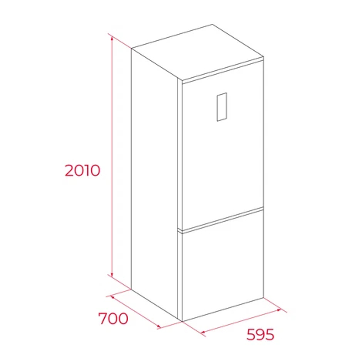 Diagrama esquemático de un frigorífico con dimensiones: 2010 mm de alto, 700 mm de ancho y 595 mm de profundidad. El frigorífico está delineado en negro.