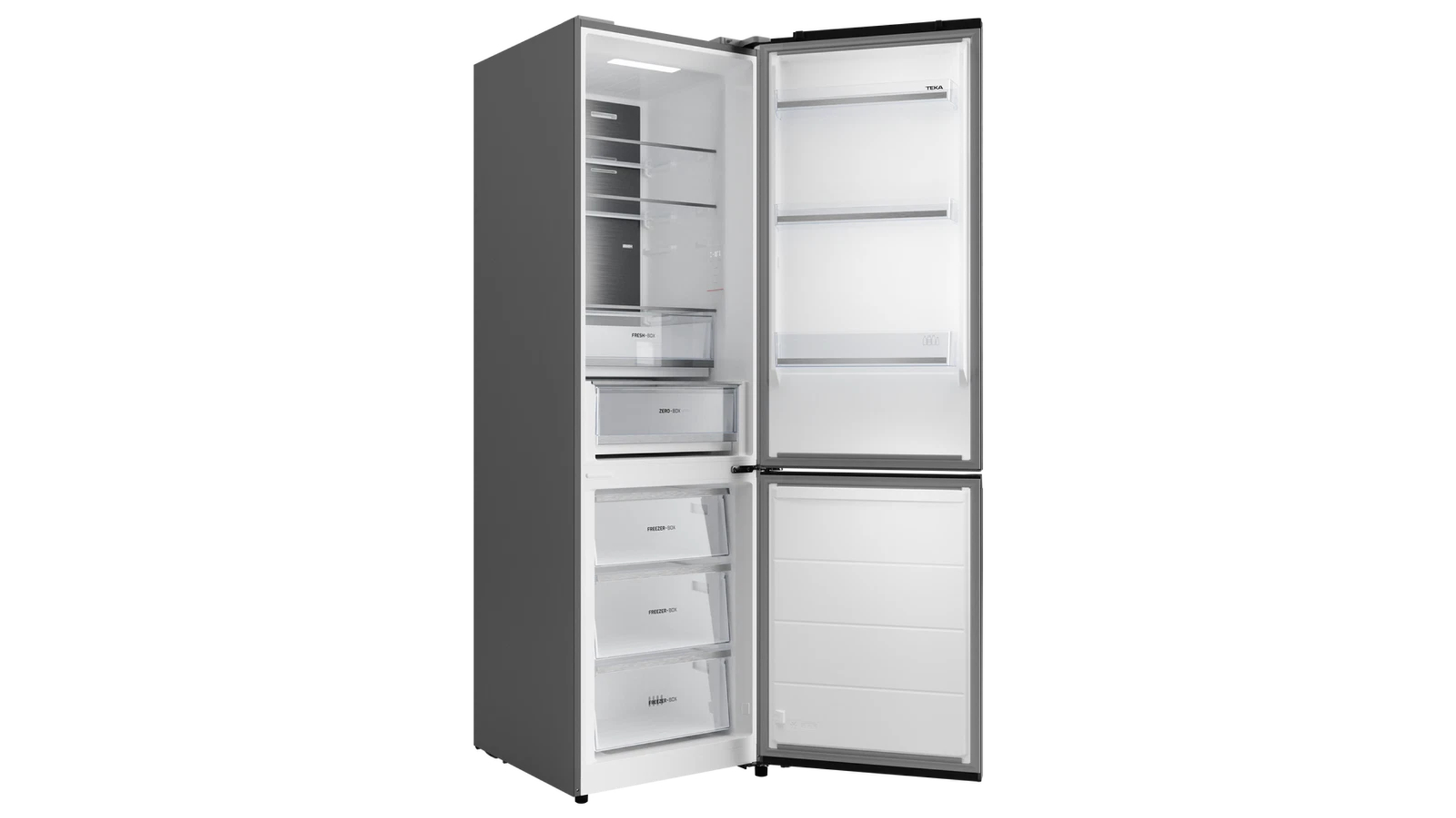 Un refrigerador gris con la puerta abierta. Dentro hay estantes y cajones. La marca TEKA es visible en la puerta.