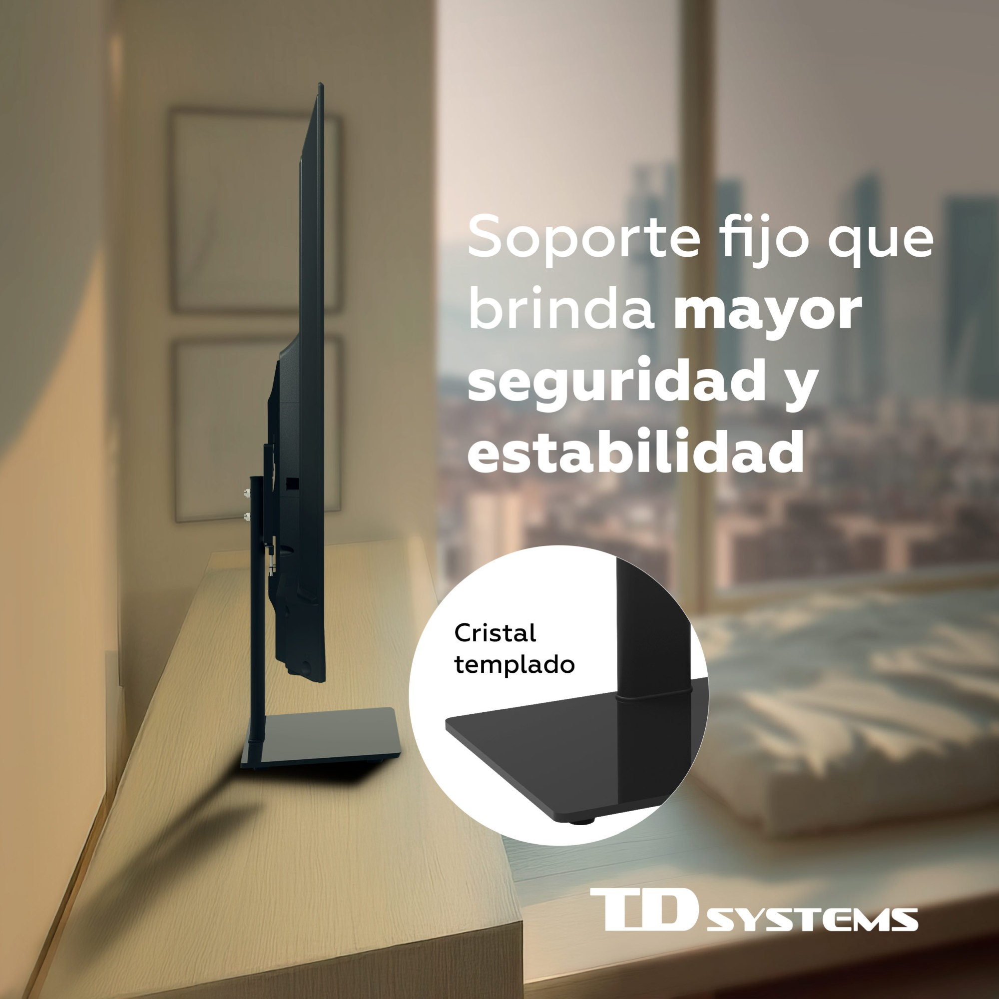 Un televisor negro sobre un soporte. Texto en español dice 'soporte fijo que brinda mayor seguridad y estabilidad'.