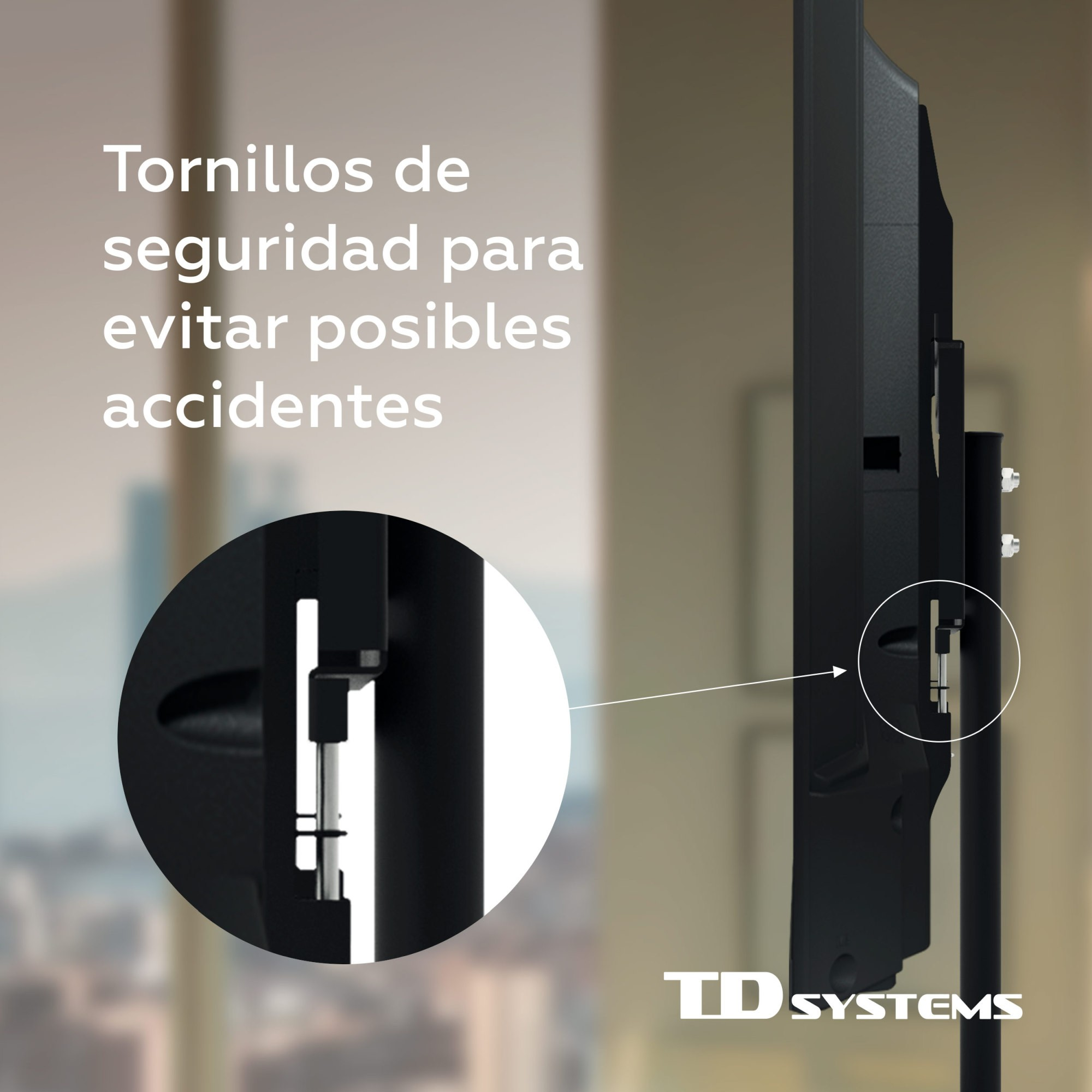 Primer plano de un soporte de TV negro con tornillo de seguridad. El texto dice tornillos de seguridad para evitar accidentes.