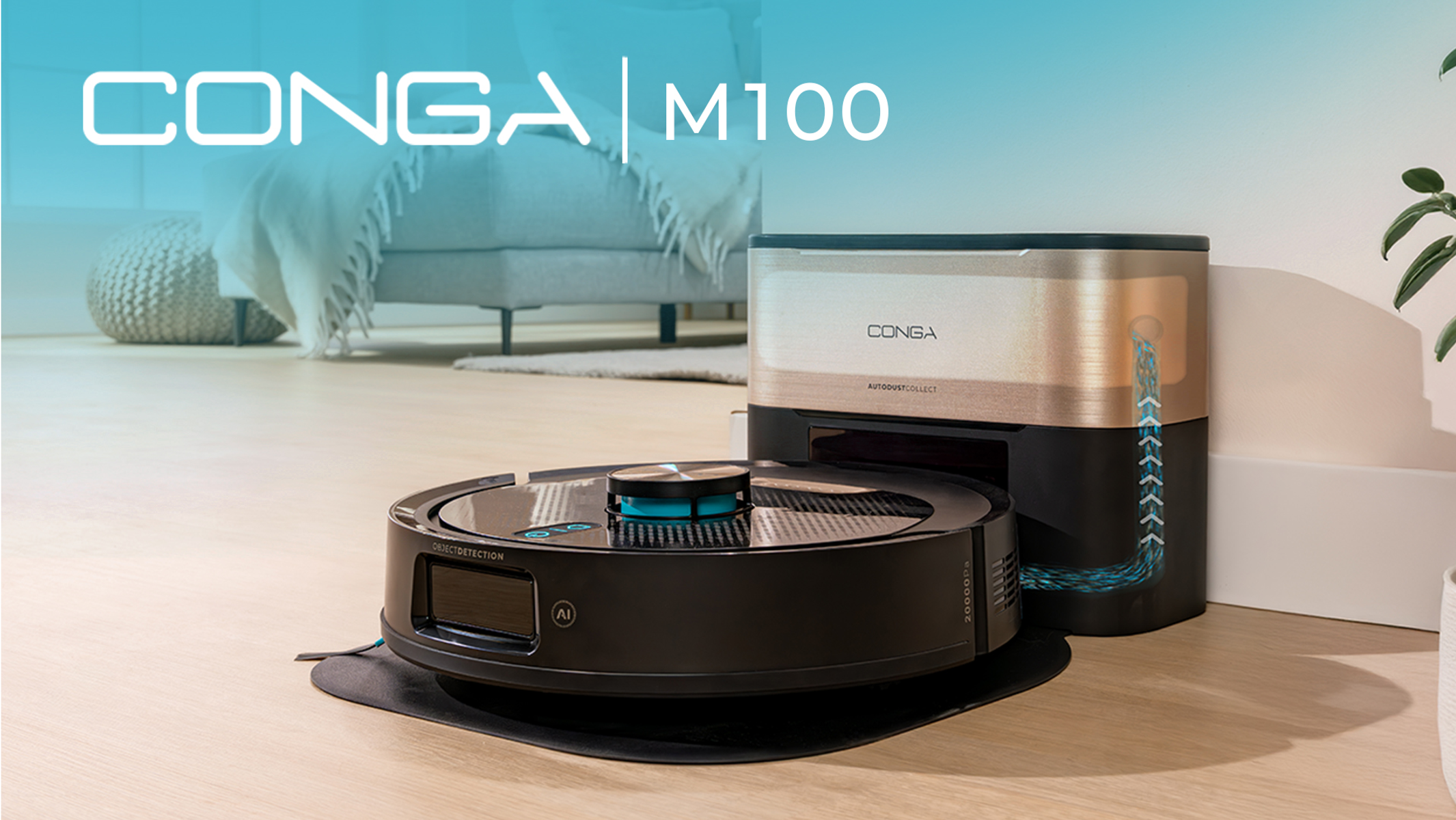 Un aspirapolvere robot Conga M100 nero e oro con una stazione di ricarica. L'aspirapolvere è su un tappetino nero su un pavimento in legno.
