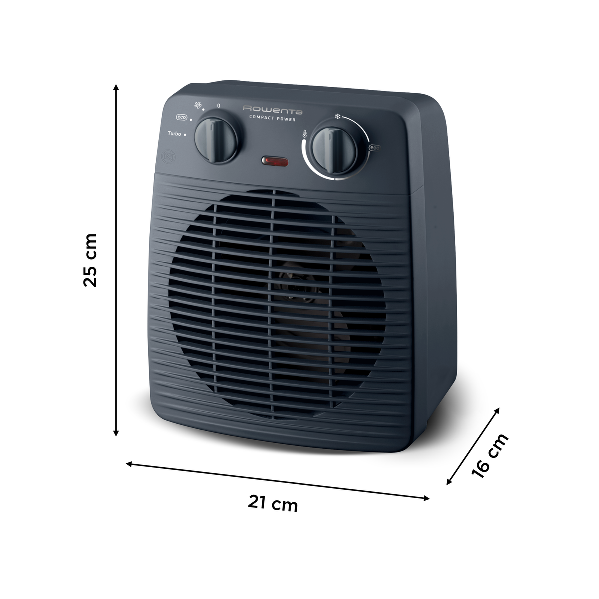 Ciemnoniebieski grzejnik Rowenta Compact Power. Posiada pokrętła, wentylator i pokazuje wymiary: 25 cm wysokości, 21 cm szerokości i 16 cm głębokości.