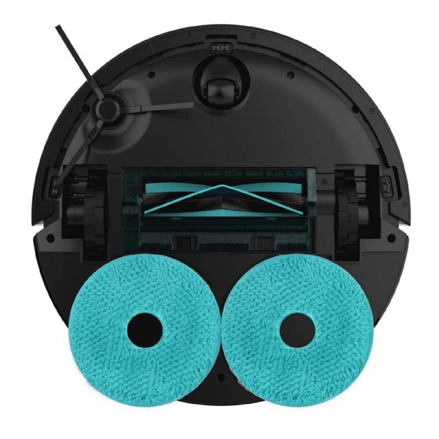Un aspirapolvere robotico nero con due panni per la pulizia color verde acqua. Ha una spazzola e una spazzola laterale rotante. Sfondo bianco.
