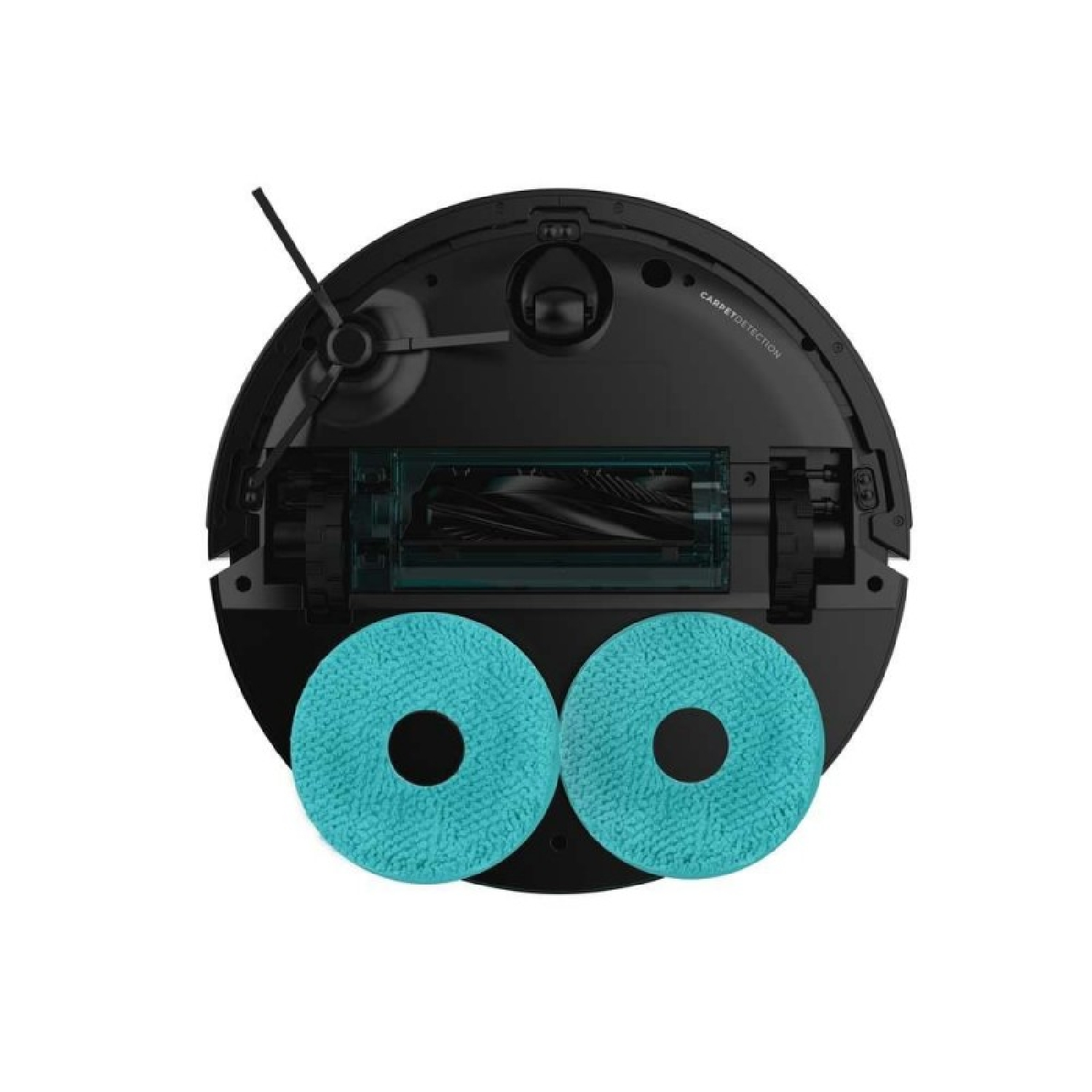 Una aspiradora robótica negra con dos almohadillas de limpieza azul claro. Tiene un cepillo y sensores. 'Detección de alfombras' es visible.
