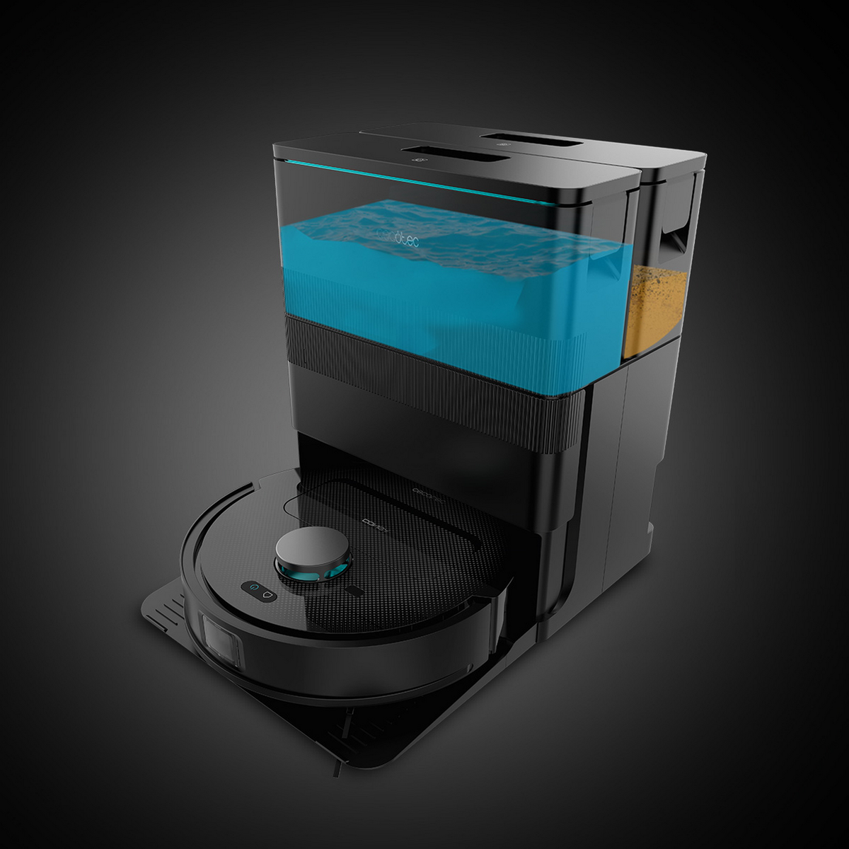 Aspirapolvere robot nero con serbatoio d'acqua contenente liquido blu e scomparto giallo-marrone. La base è nera.