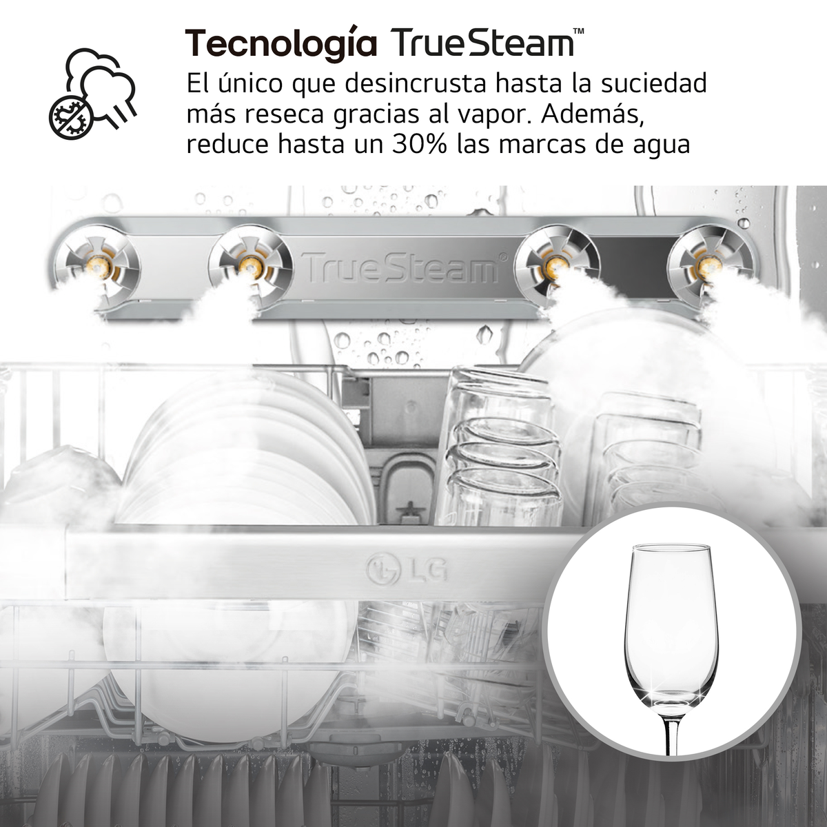 Interior de lavavajillas con platos, vasos y vapor. Cuenta con la tecnología TrueSteam y el logotipo de LG.