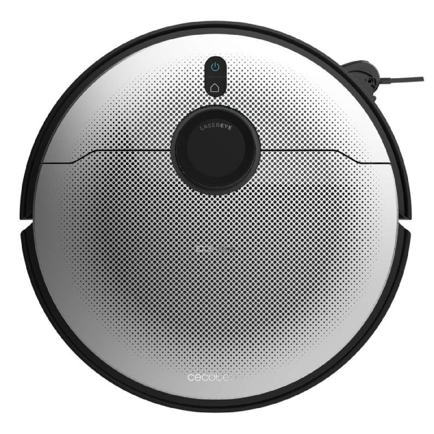 Una aspiradora robot redonda, plateada y negra. Tiene botones y un ojo láser. La marca es Cecotec.