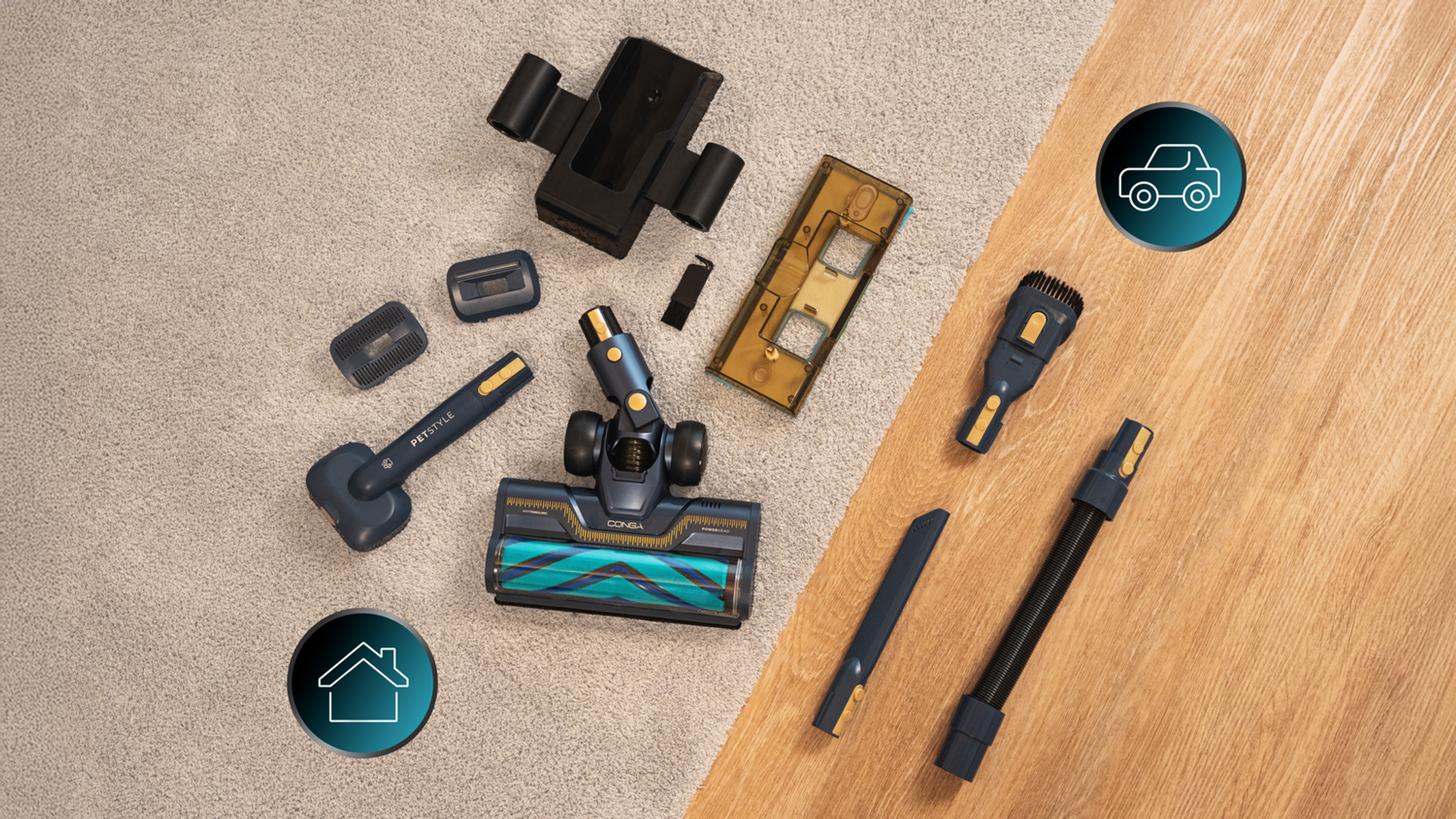 Aspirapolvere con accessori su tappeto e superficie in legno. Include icone di auto e casa. Varie parti sono visibili.