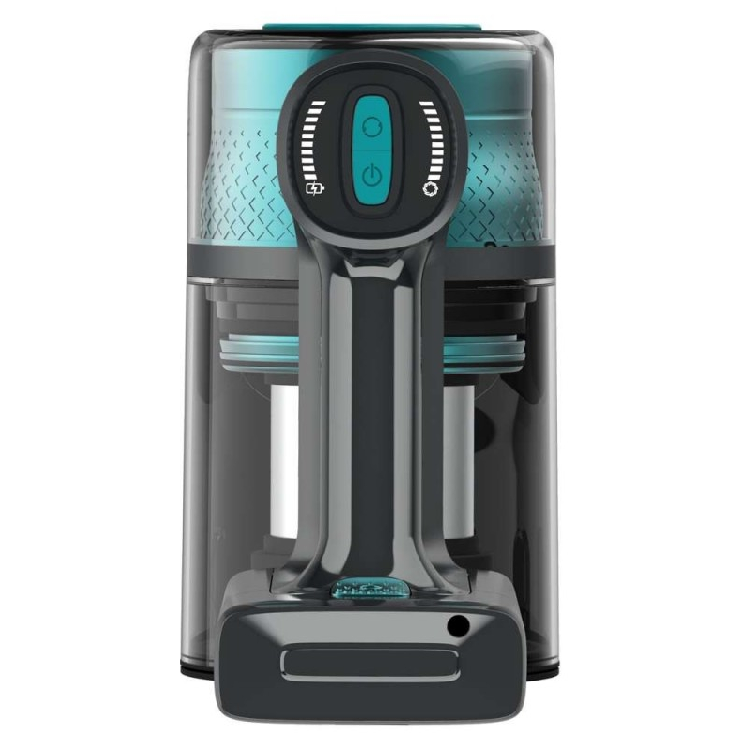 Un aspirapolvere senza fili, principalmente nero e verde acqua. Ha un'impugnatura, un pulsante di accensione e un indicatore del livello della batteria.