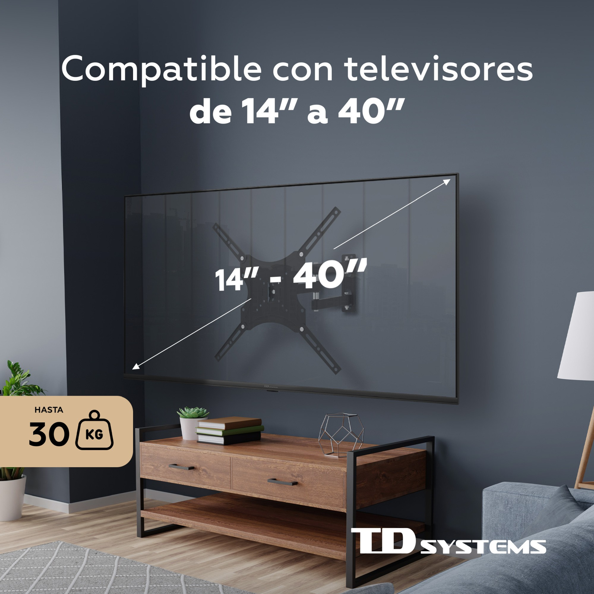 Se muestra un soporte de TV en una pared. Admite televisores de 14" a 40". Un mueble de madera está en primer plano.