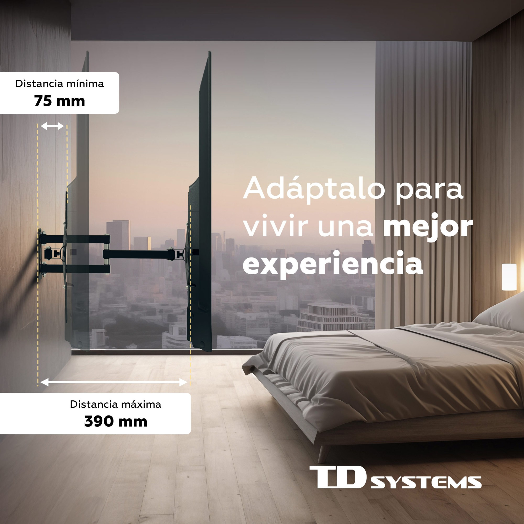 TV montado en la pared, con medidas. Fondo de dormitorio, texto: Adáptalo para vivir una mejor experiencia.