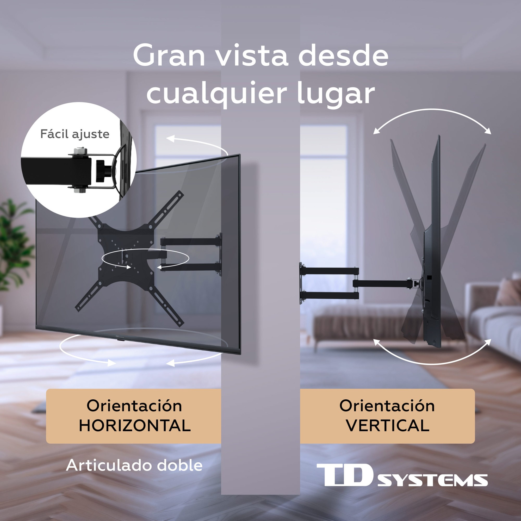 Imagen muestra un soporte de TV con opciones de orientación horizontal y vertical. El soporte está en una pared.