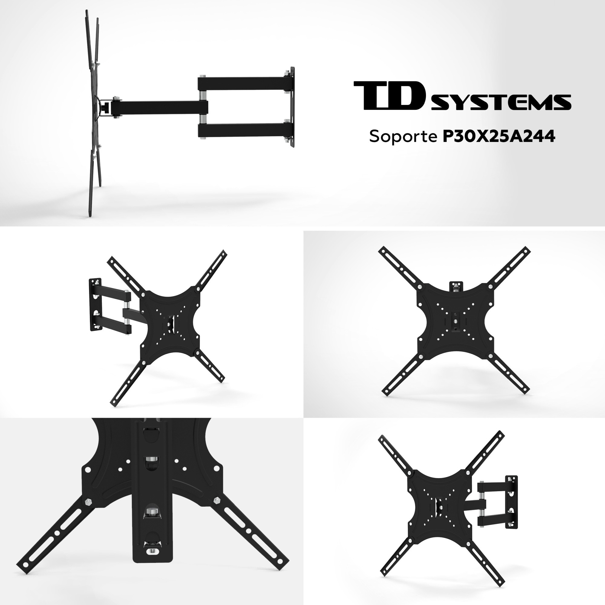 Se muestra un soporte de pared para TV negro. La imagen muestra diferentes ángulos del soporte, con el logotipo y la información del modelo de TD Systems.