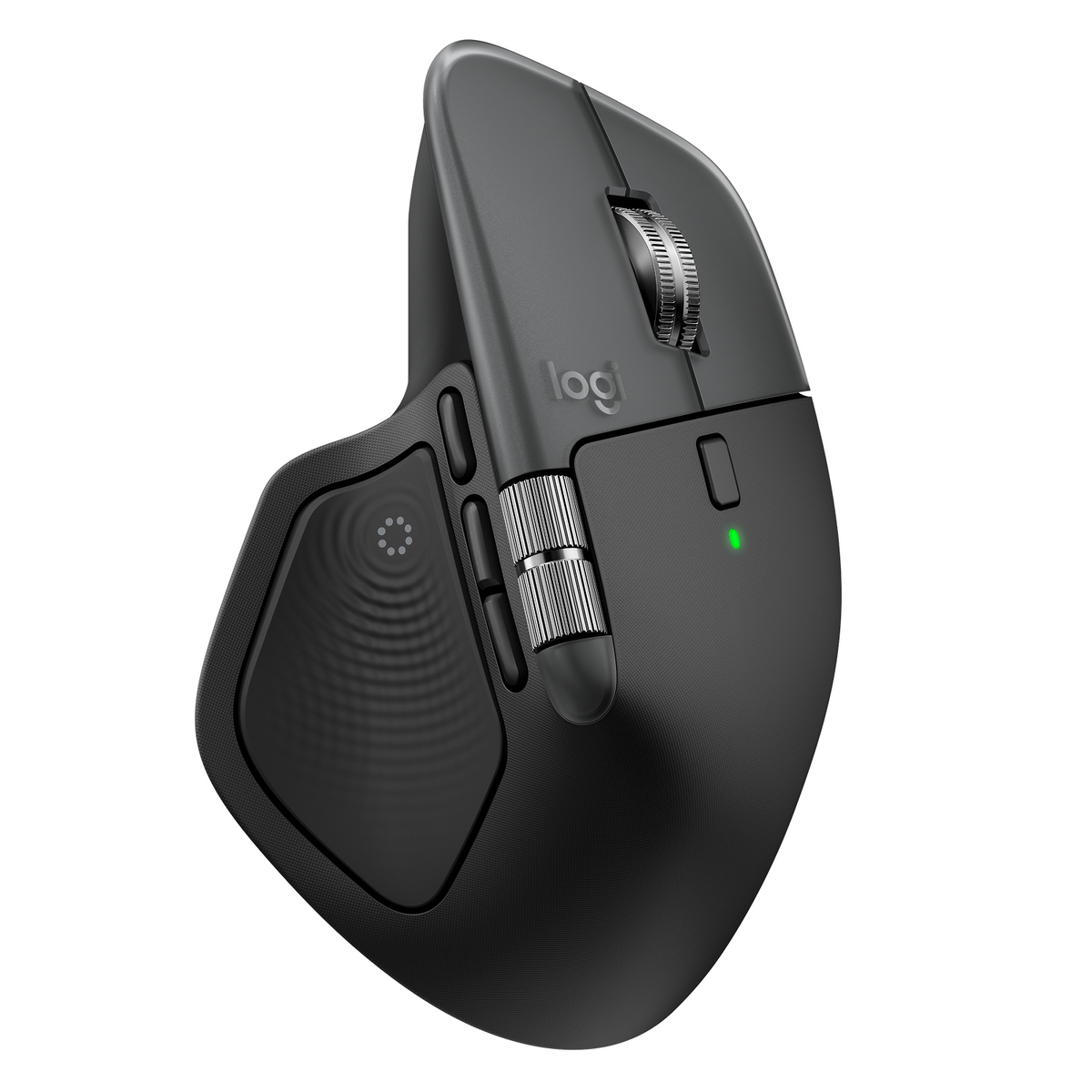 Eine schwarze Logitech MX Master 3S Maus. Sie hat eine Daumenauflage, mehrere Tasten und ein Scrollrad. Das Logo ist sichtbar, mit grünem Licht.