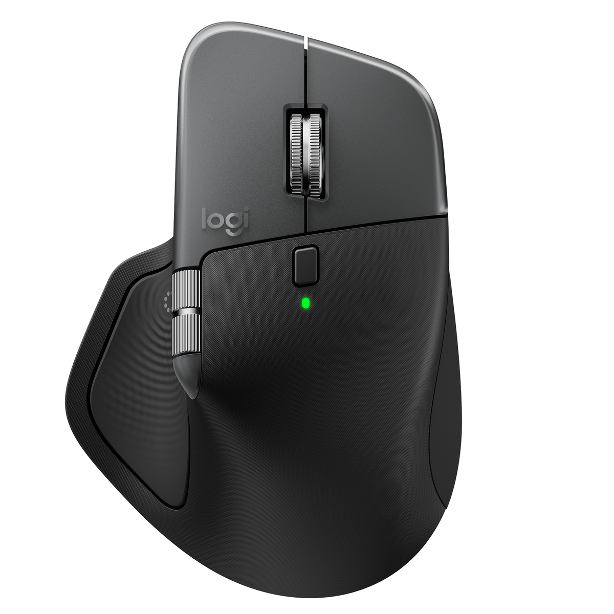 Eine schwarze Logitech-Computermaus. Sie hat mehrere Tasten, Scrollräder und eine grüne Betriebsanzeige.