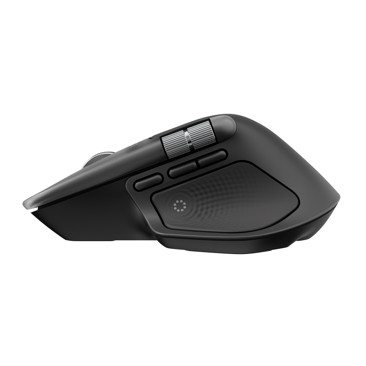 Eine schwarze, kabellose Computermaus. Sie hat mehrere Tasten, ein Scrollrad und eine Daumenauflage. Die Maus befindet sich auf weißem Hintergrund.