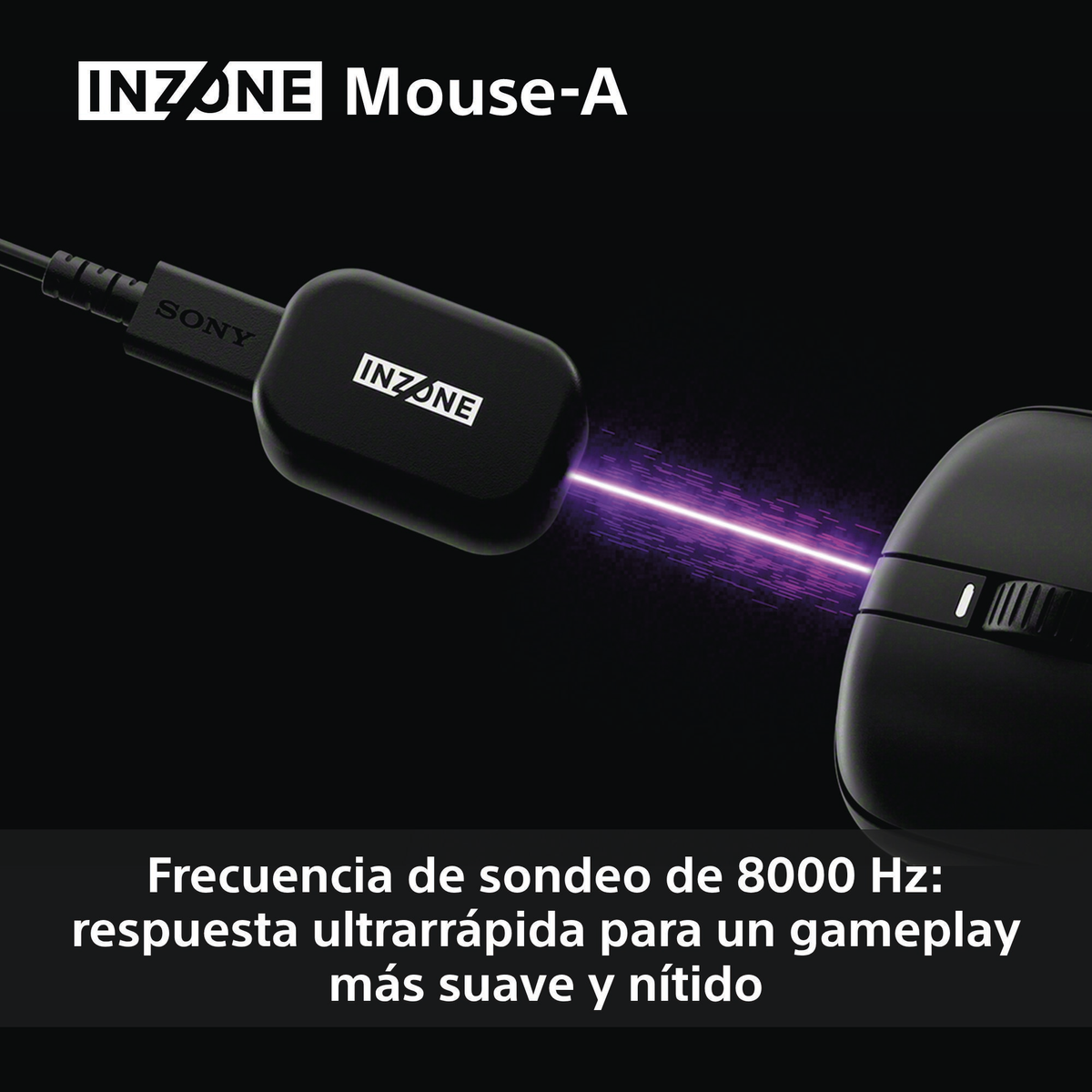 Mouse INZONE-A nero. Un mouse nero con una linea viola brillante. Il testo dice frequenza di polling di 8000 Hz per un gameplay più fluido.
