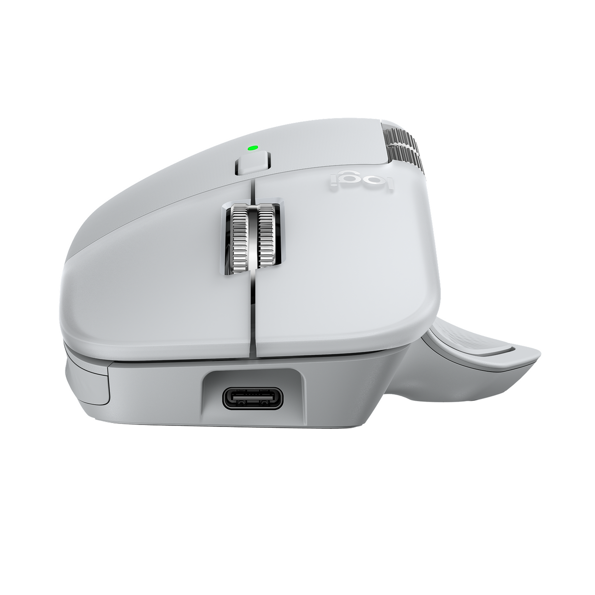 A white ergonomic mouse with a scroll wheel, side buttons, and a USB-C port. The Logitech logo is visible.