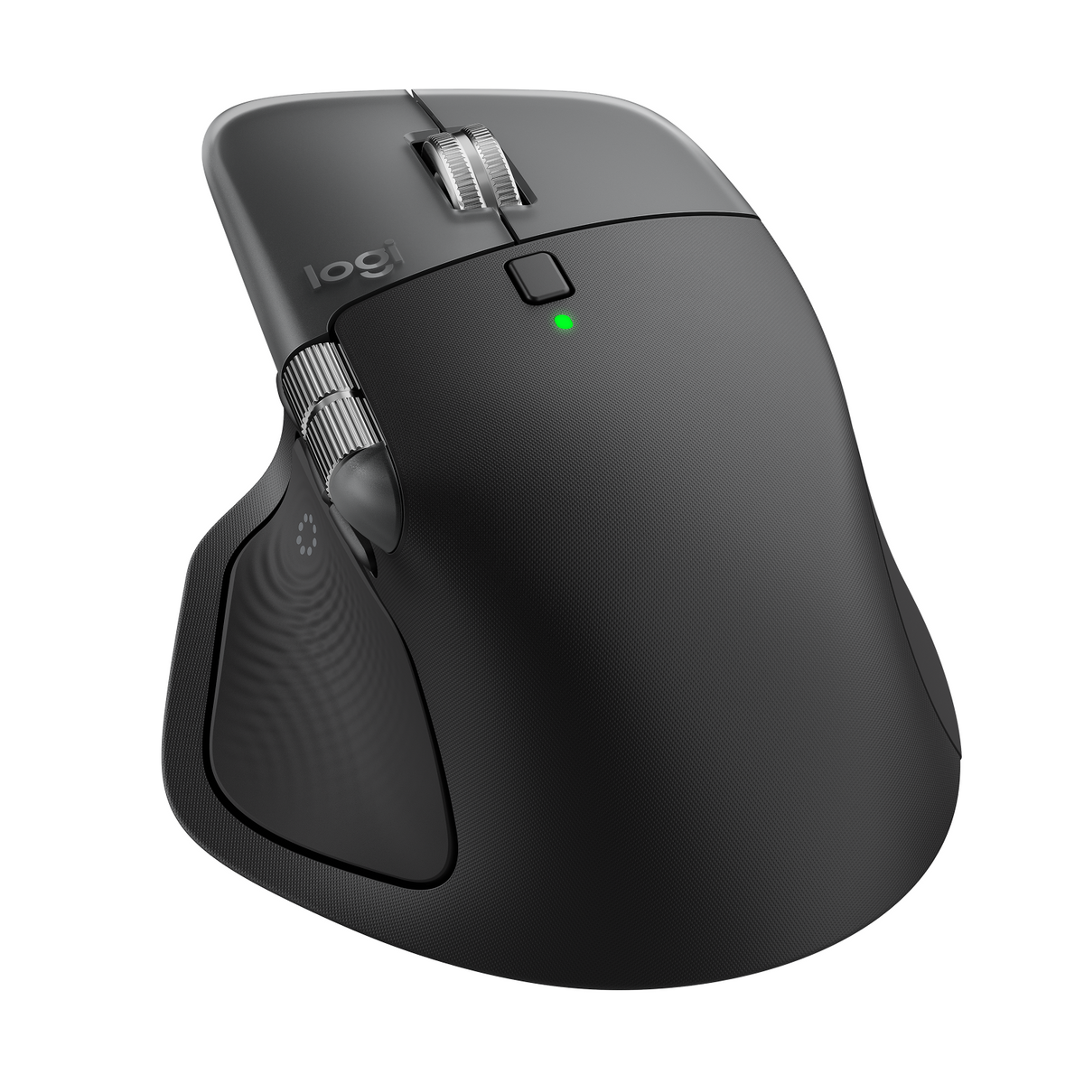 Eine schwarze ergonomische Logitech-Maus mit silbernen Akzenten. Sie hat ein Scrollrad, Tasten und eine grüne Betriebsanzeige.