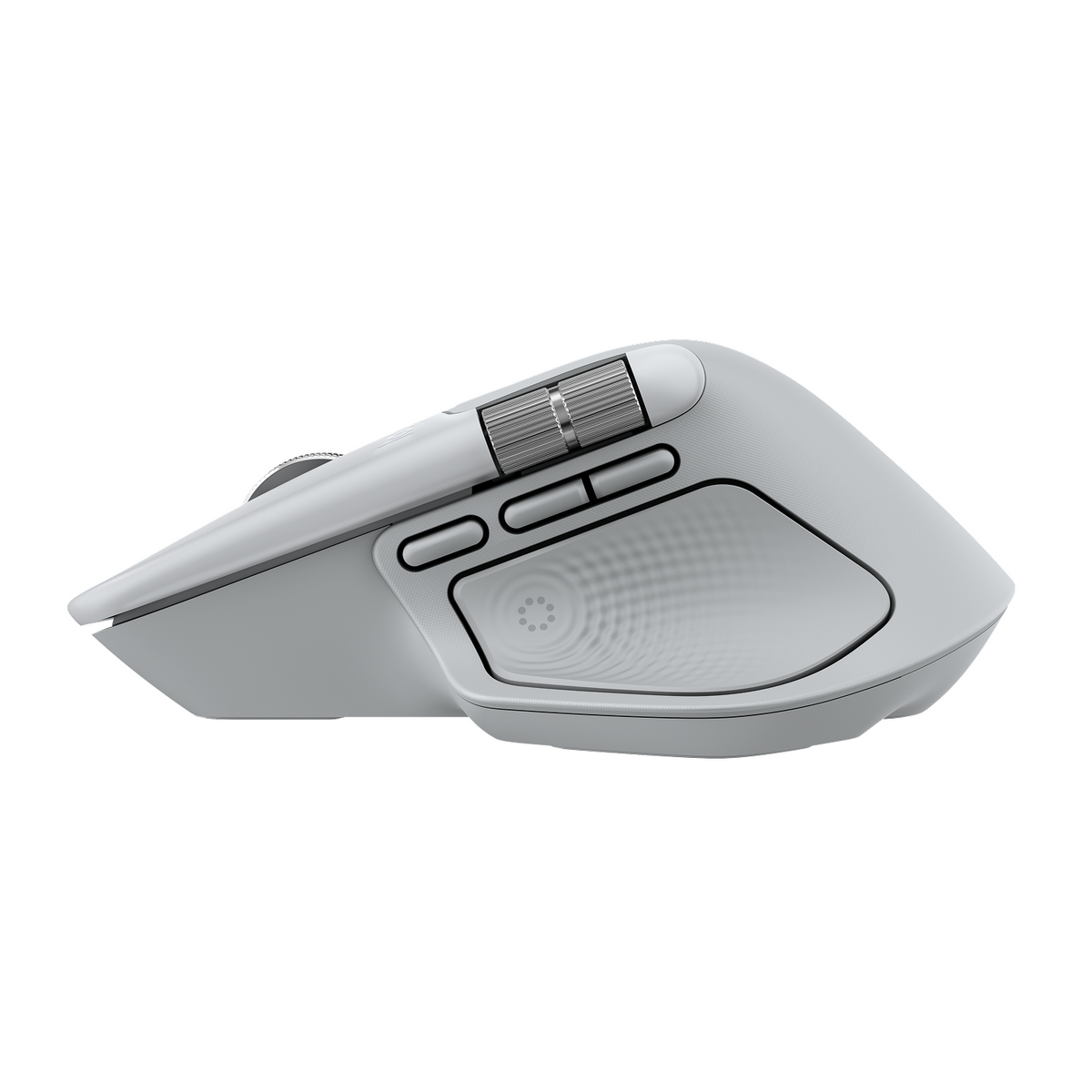 A light gray computer mouse with multiple buttons and a scroll wheel is displayed against a white background.