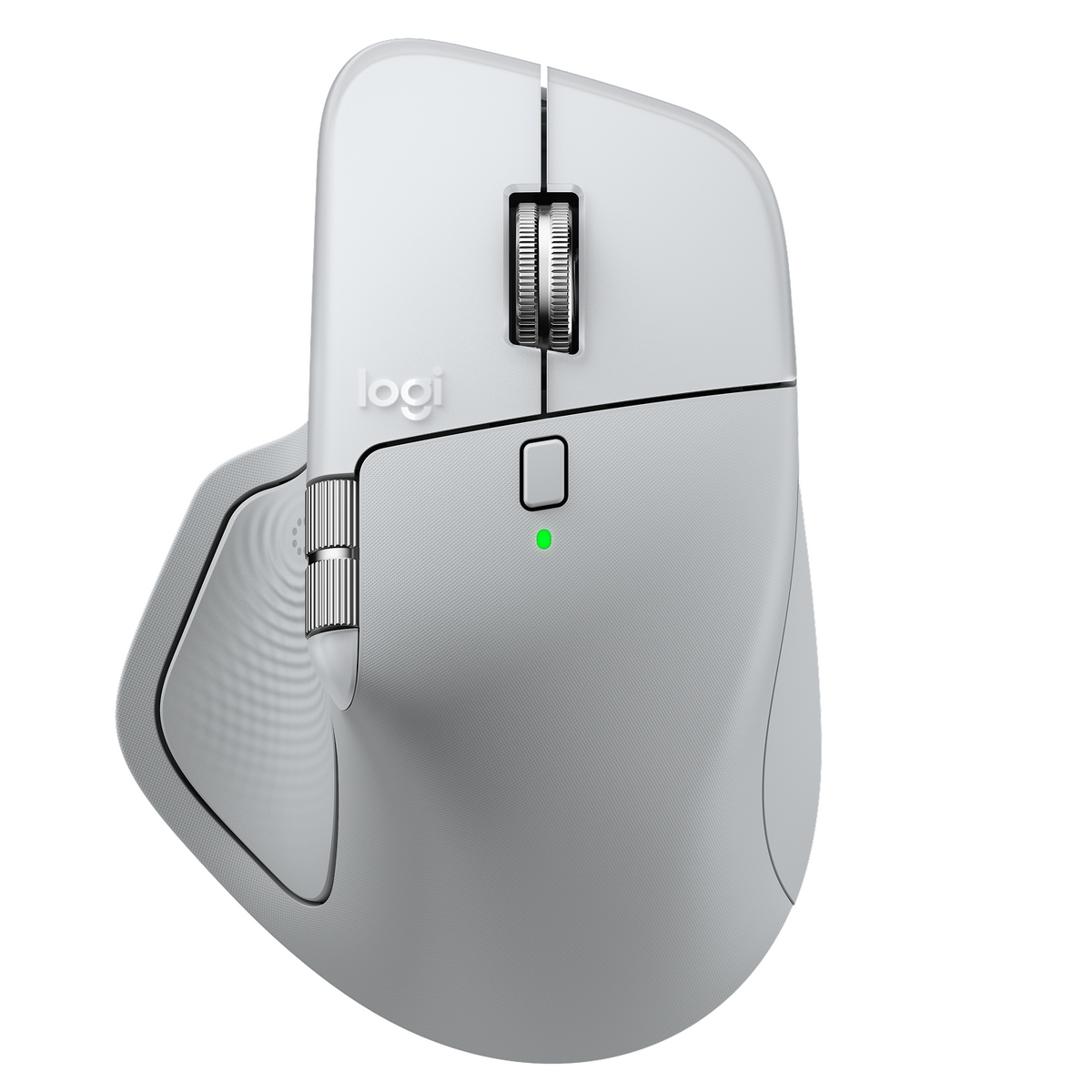 A light gray Logitech mouse with multiple buttons and scroll wheels. The mouse has a green power indicator and the Logitech logo.