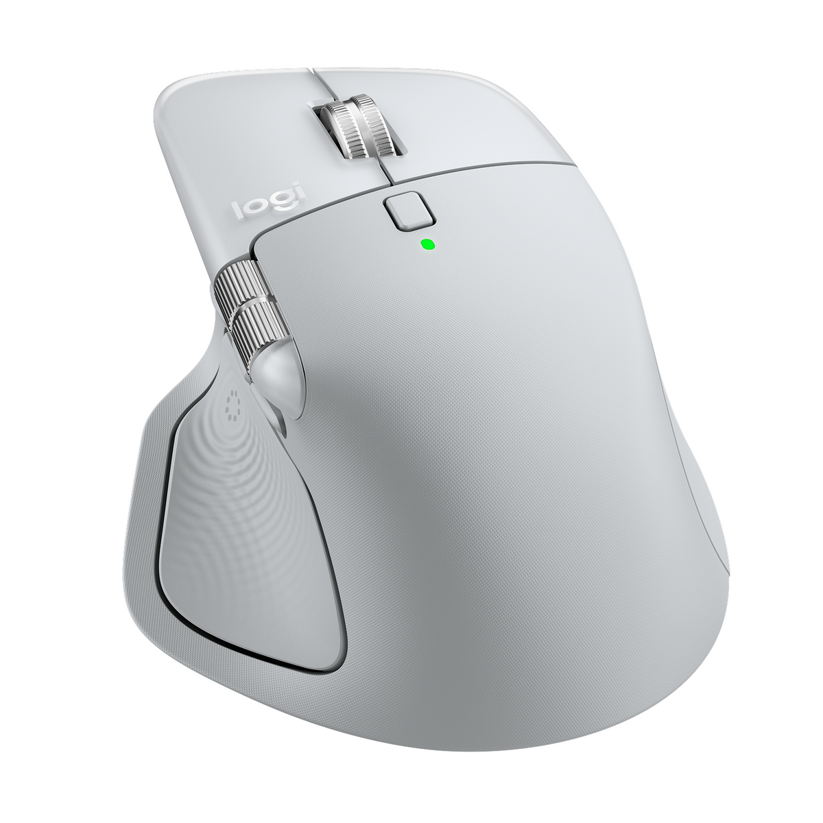 A light gray Logitech computer mouse, with multiple buttons and a scroll wheel, a green light indicates it's on.