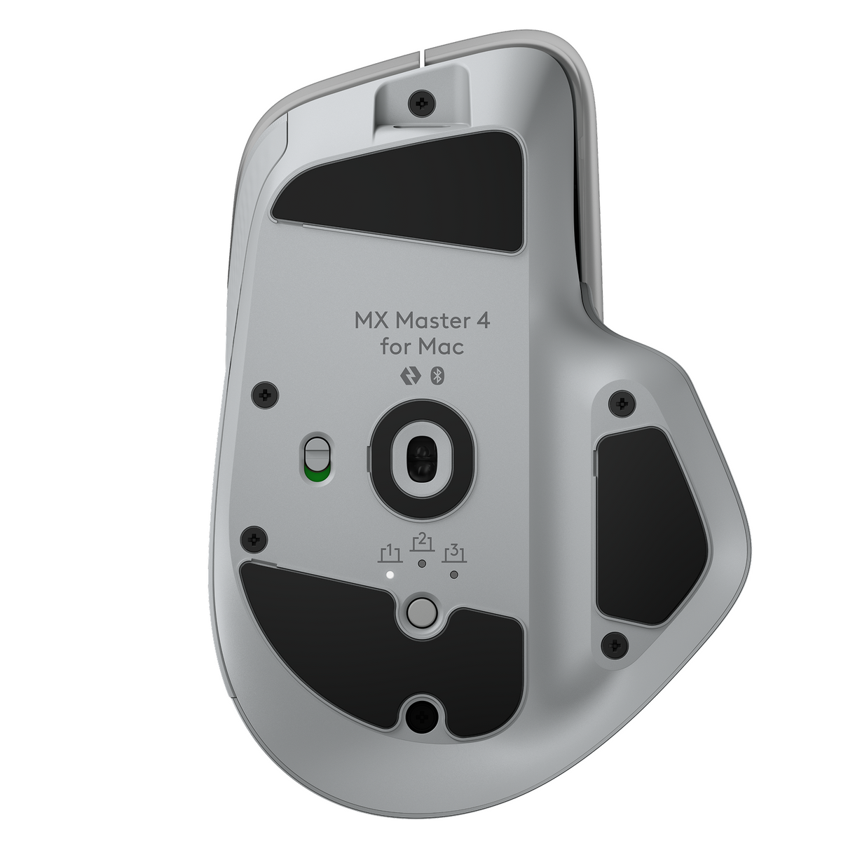 The underside of a silver Logitech MX Master 4 mouse for Mac. It has black pads, a central sensor, and various buttons and markings.