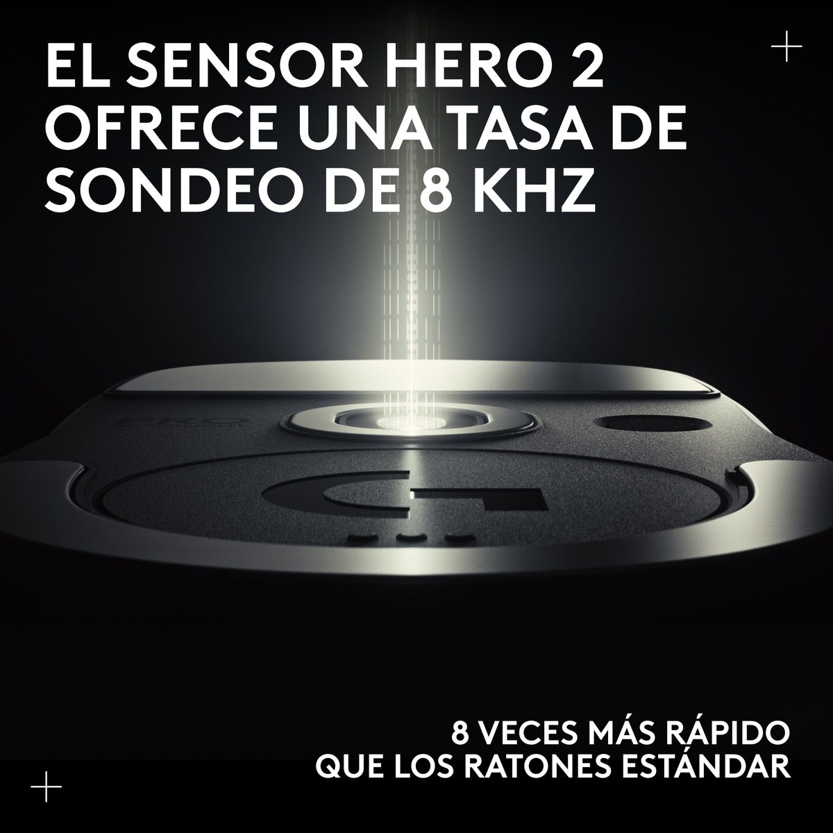 Obraz przedstawia czujnik z tekstem: EL SENSOR HERO 2 OFRECE UNA TASA DE SONDEO DE 8 KHZ. Tekst na dole: 8 RAZY SZYBCIEJ.