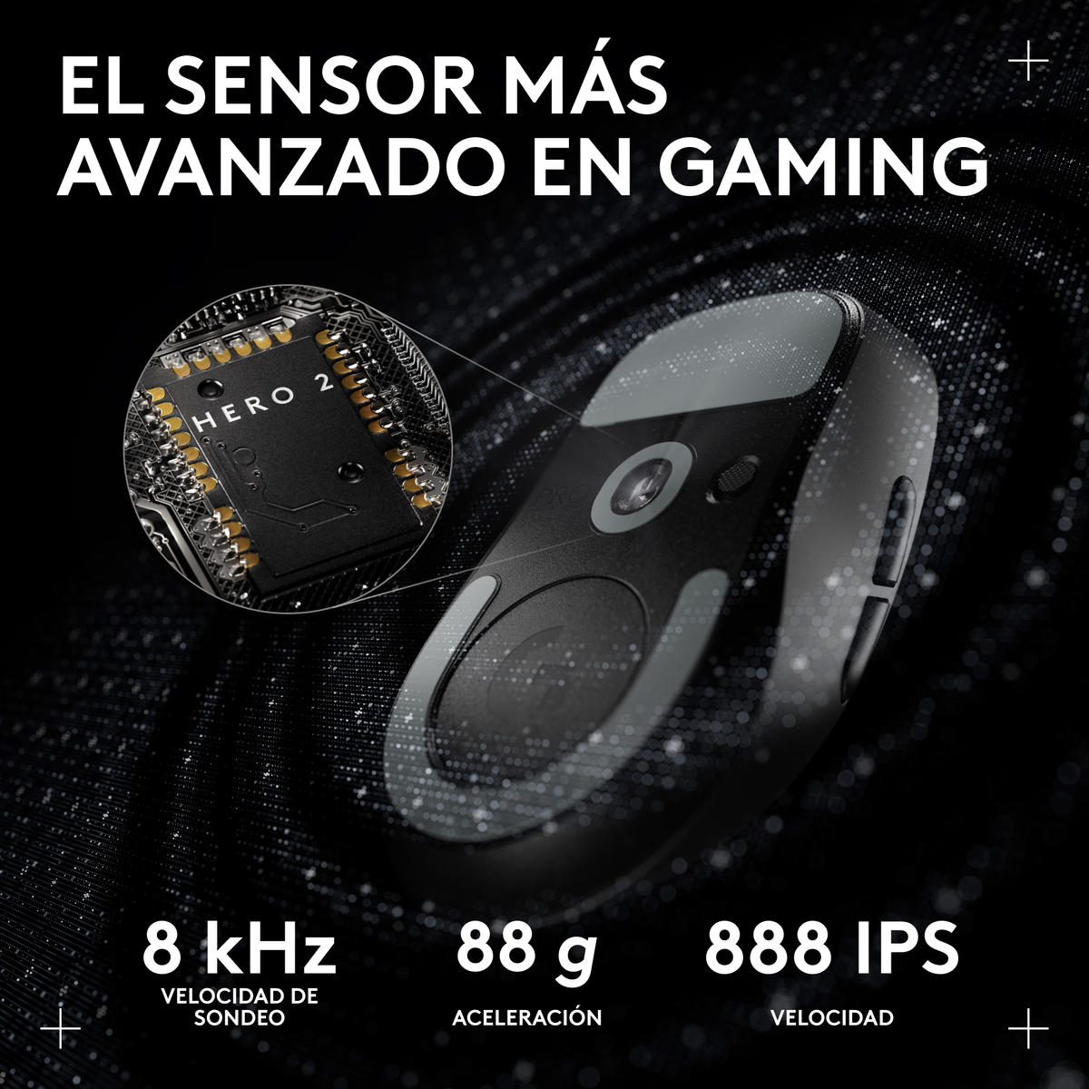 Czarna mysz do gier z zbliżeniem czujnika. Tekst: 'EL SENSOR MÁS AVANZADO EN GAMING' i specyfikacje techniczne.