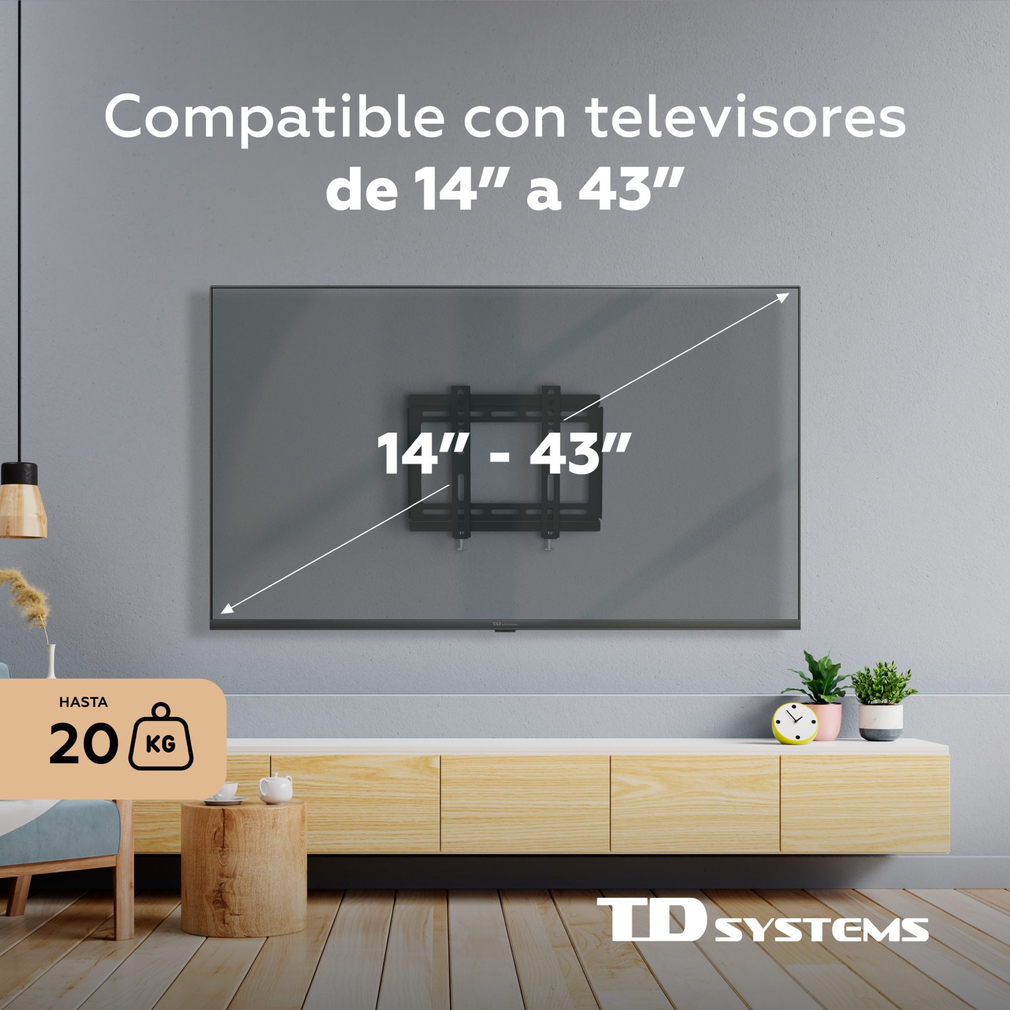 Una pantalla de TV con un soporte de TV montado en una pared gris. Debajo, un mueble de madera con plantas. El texto dice 14" - 43".